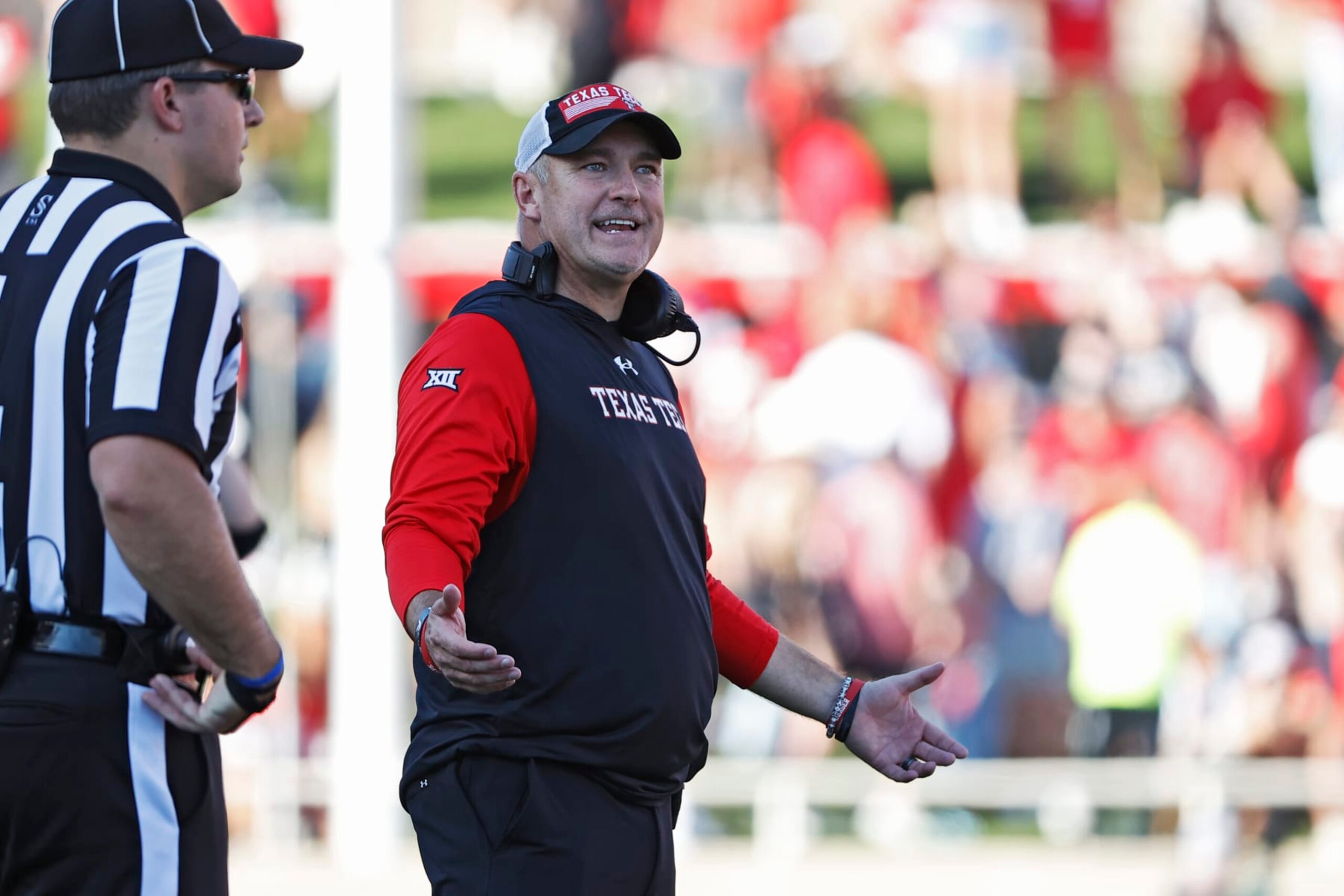 Texas Tech coach Joey McGuire reacts to a play call during the second half of an NCAA college football game against Texas, Saturday, Sept. 24, 2022, in Lubbock, Texas. (AP Photo/Brad Tollefson)