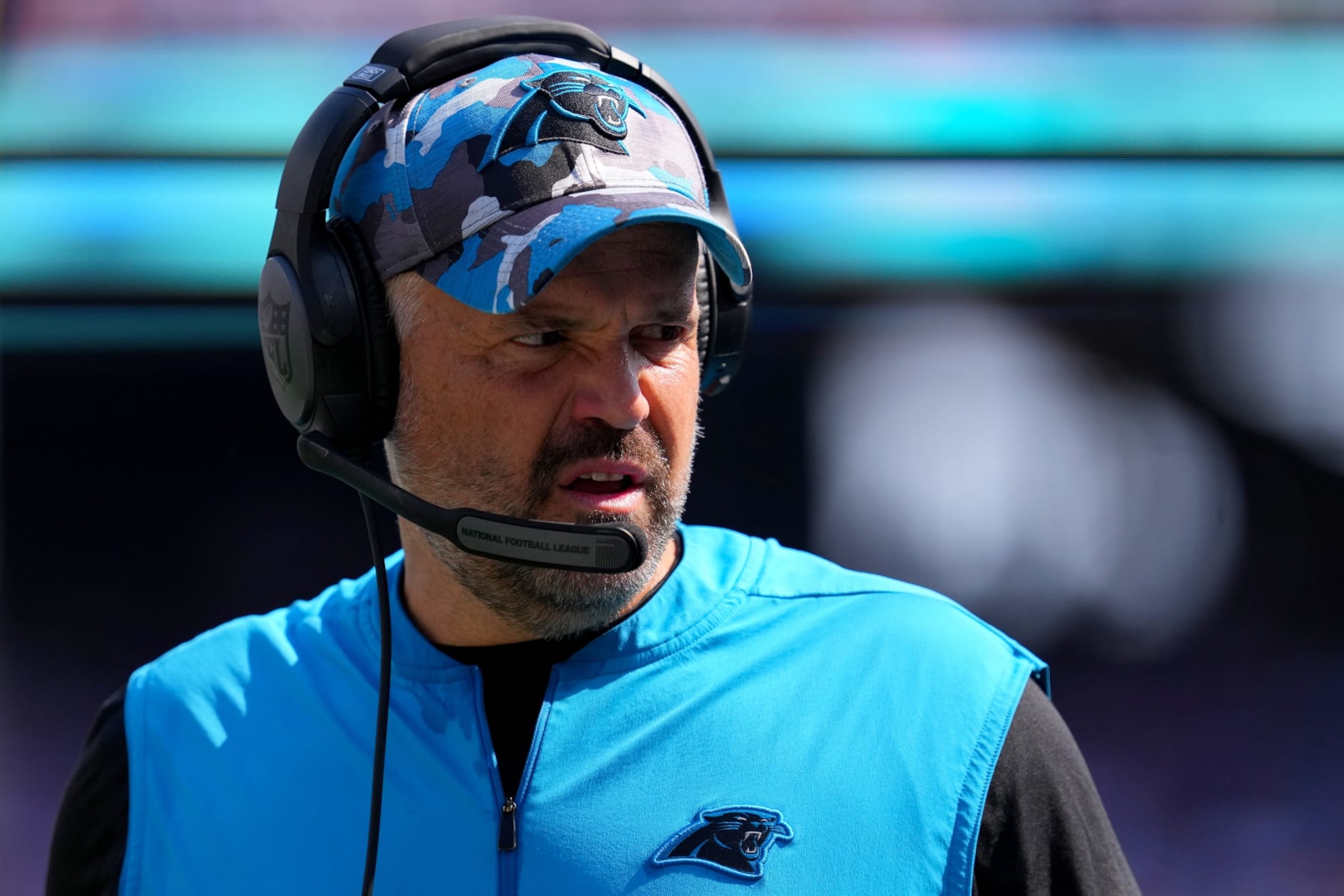 EAST RUTHERFORD, NEW JERSEY - SEPTEMBER 18: Head coach Matt Rhule of the Carolina Panthers looks on during the first half of the game against the New York Giants at MetLife Stadium on September 18, 2022 in East Rutherford, New Jersey. (Photo by Mitchell Leff/Getty Images) EAST RUTHERFORD, NEW JERSEY - SEPTEMBER 18: Head coach Matt Rhule of the Carolina Panthers looks on during the first half of the game against the New York Giants at MetLife Stadium on September 18, 2022 in East Rutherford, New Jersey. (Photo by Mitchell Leff/Getty Images)