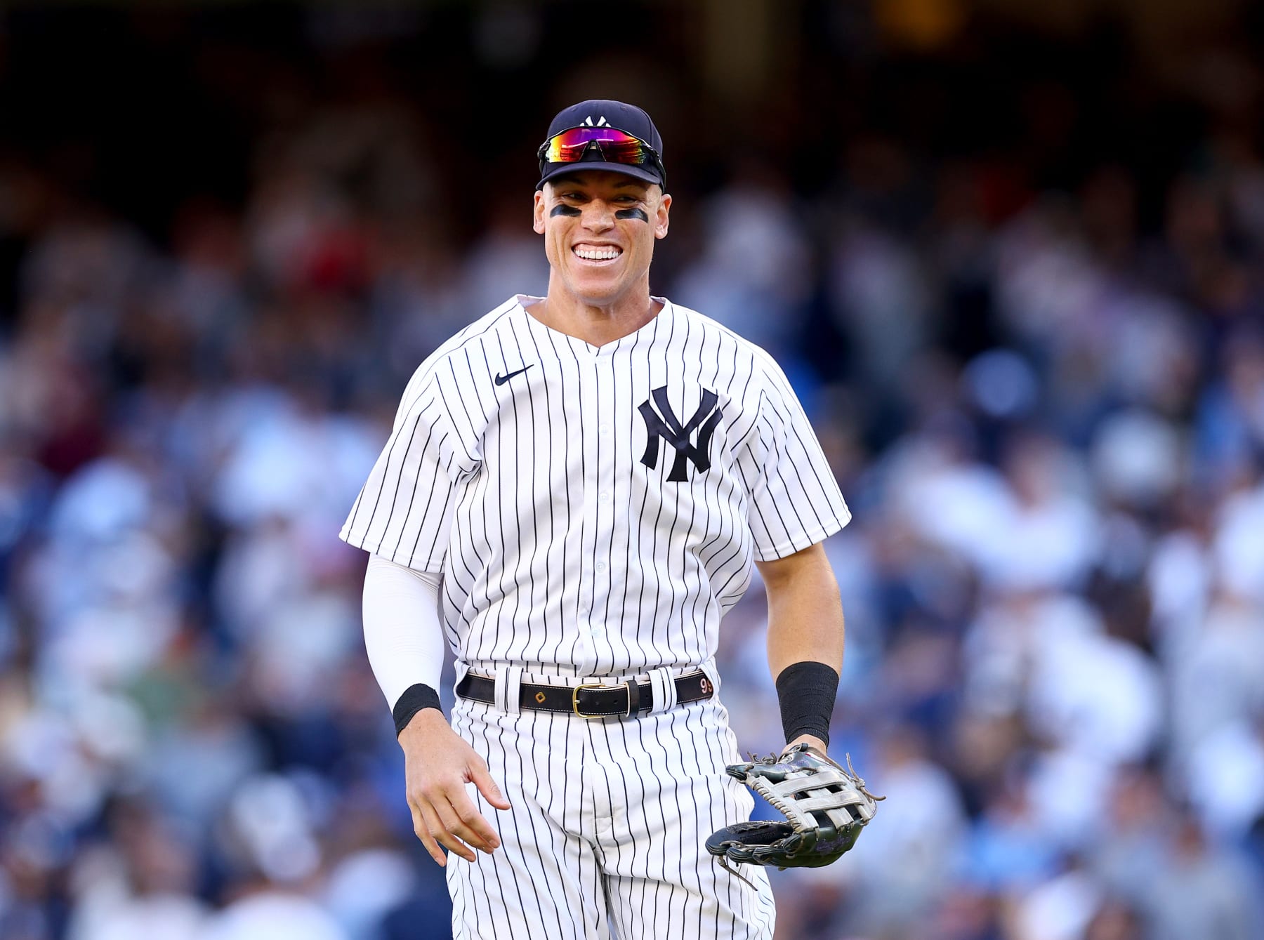 NEW YORK, NEW YORK - SEPTEMBER 24:  Aaron Judge #99 of the New York Yankees celebrates the win over the Boston Red Sox at Yankee Stadium on September 24, 2022 in the Bronx borough of New York City. The New York Yankees defeated the Boston Red Sox 7-5. (Photo by Elsa/Getty Images)