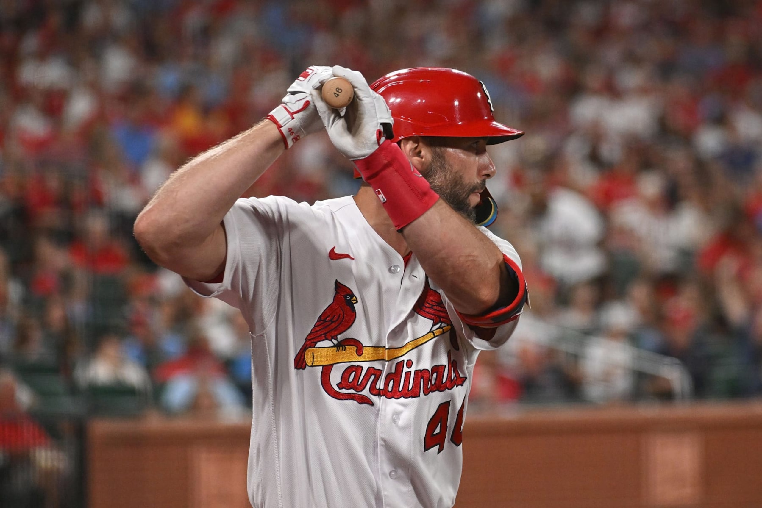 ST LOUIS, MO - SEPTEMBER 16: Paul Goldschmidt #46 of the St. Louis Cardinals on the on deck circle during a game against the St. Louis Cardinals at Busch Stadium on September 16, 2022 in St Louis, Missouri. (Photo by Joe Puetz/Getty Images)
