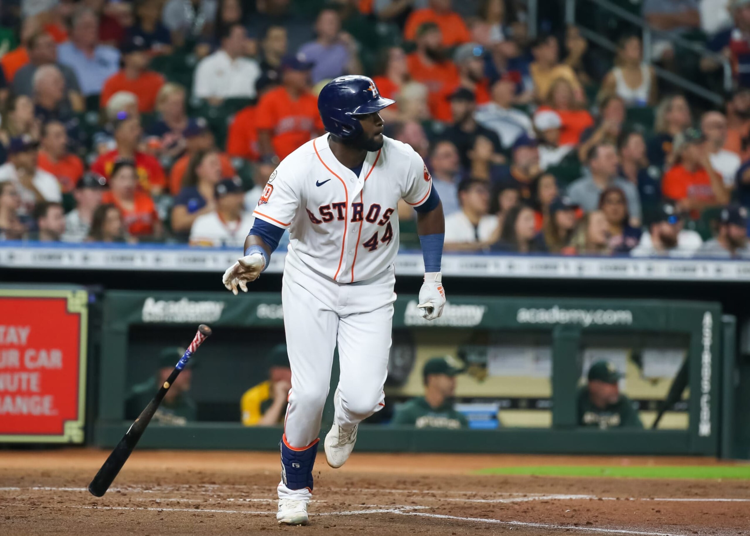 HOUSTON, TX - SEPTEMBER 15:  Houston Astros left fielder Yordan Alvarez (44) watches his hit which becomes a double in the bottom of the third inning during the MLB game between the Oakland Athletics and Houston Astros on September 15, 2022 at Minute Maid Park in Houston, Texas.  (Photo by Leslie Plaza Johnson/Icon Sportswire via Getty Images)