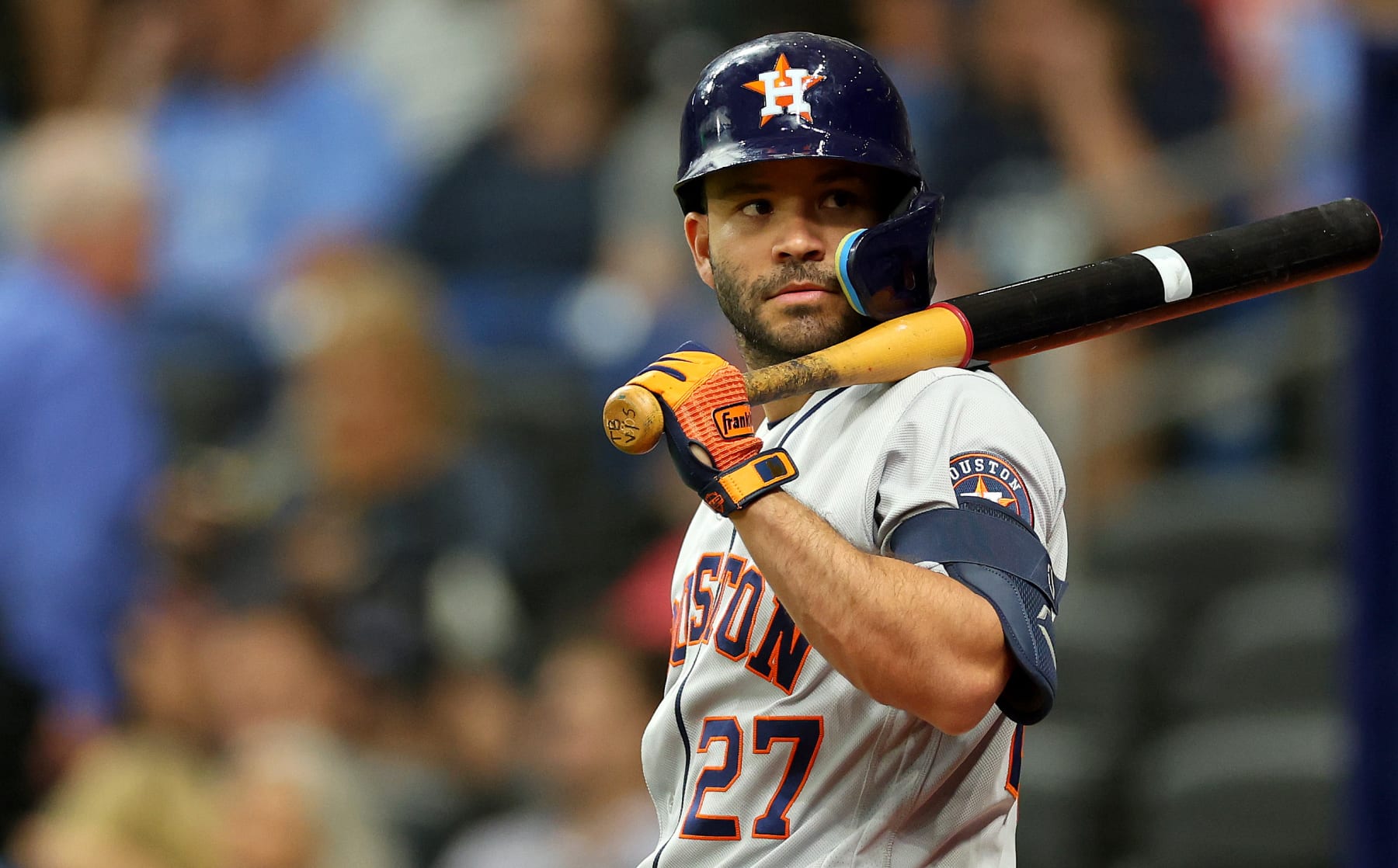 ST PETERSBURG, FLORIDA - SEPTEMBER 19: Jose Altuve #27 of the Houston Astros looks on during a game against the Tampa Bay Rays at Tropicana Field on September 19, 2022 in St Petersburg, Florida. (Photo by Mike Ehrmann/Getty Images)
