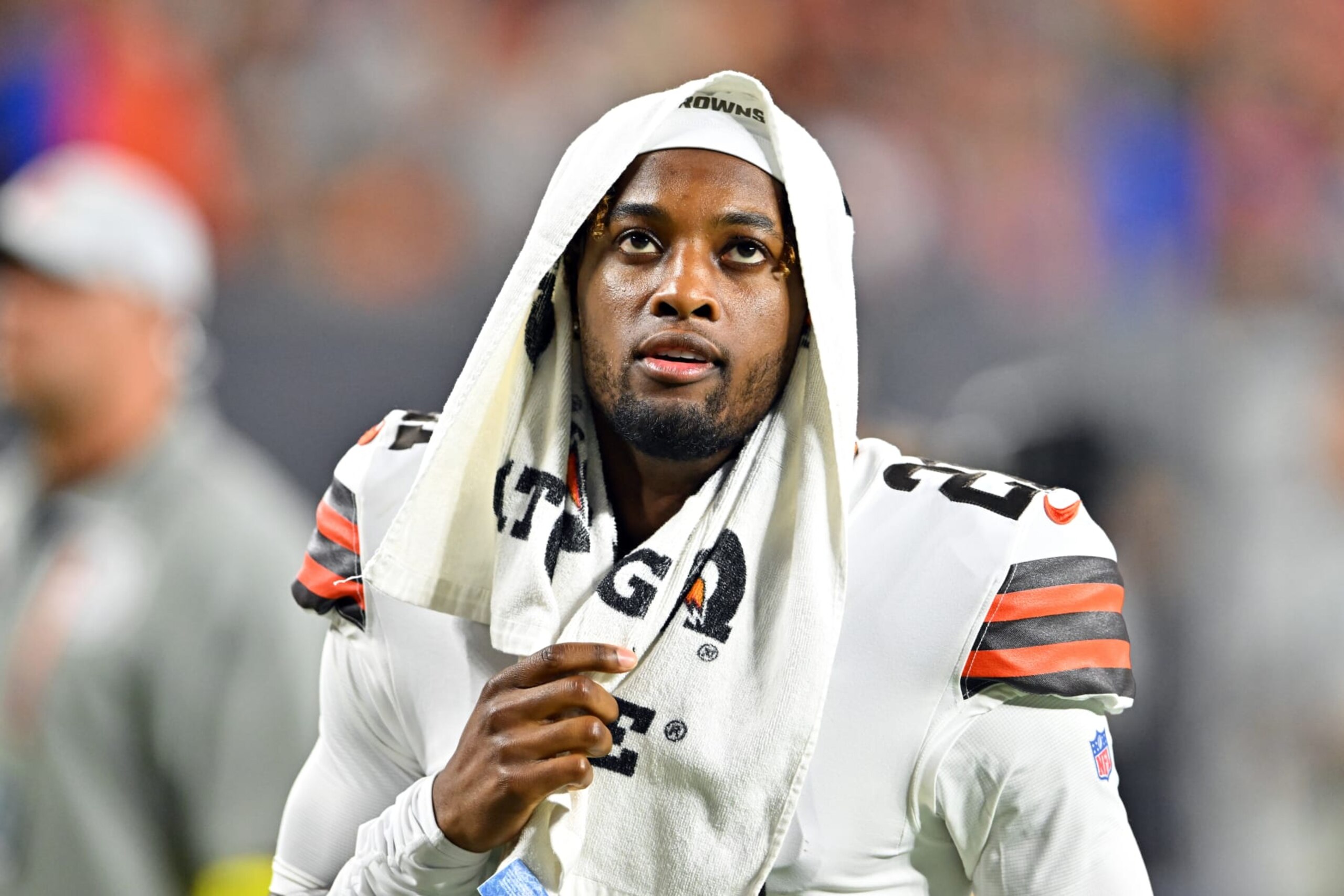 CLEVELAND, OHIO - AUGUST 27: Cornerback Denzel Ward #21 of the Cleveland Browns walks off the field after a preseason game against the Chicago Bears at FirstEnergy Stadium on August 27, 2022 in Cleveland, Ohio. The Bears defeated the Browns 21-20.  (Photo by Jason Miller/Getty Images)
