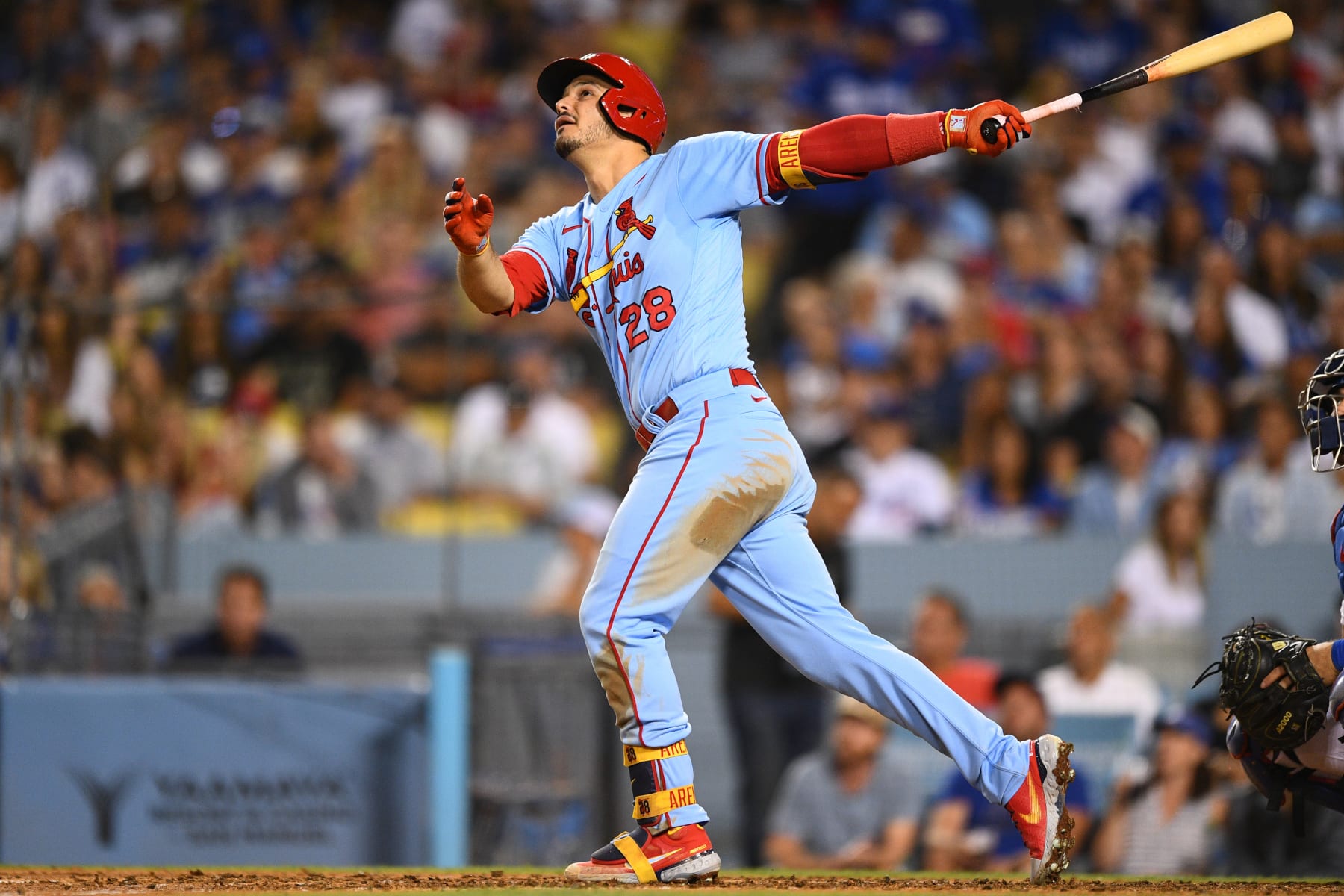 LOS ANGELES, CA - SEPTEMBER 24: St. Louis Cardinals third baseman Nolan Arenado (28) hits a two run home run  during the MLB game between the St. Louis Cardinals and the Los Angeles Dodgers on September 24, 2022 at Dodger Stadium in Los Angeles, CA. (Photo by Brian Rothmuller/Icon Sportswire via Getty Images)
