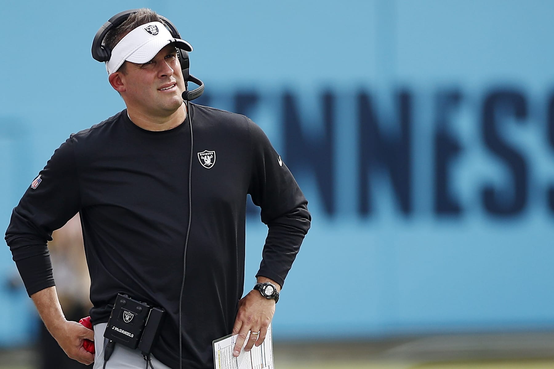 NASHVILLE, TENNESSEE - SEPTEMBER 25: Head coach Josh McDaniels of the Las Vegas Raiders looks on from the sidelines in the third quarter of the game against the Tennessee Titans at Nissan Stadium on September 25, 2022 in Nashville, Tennessee. (Photo by Silas Walker/Getty Images)