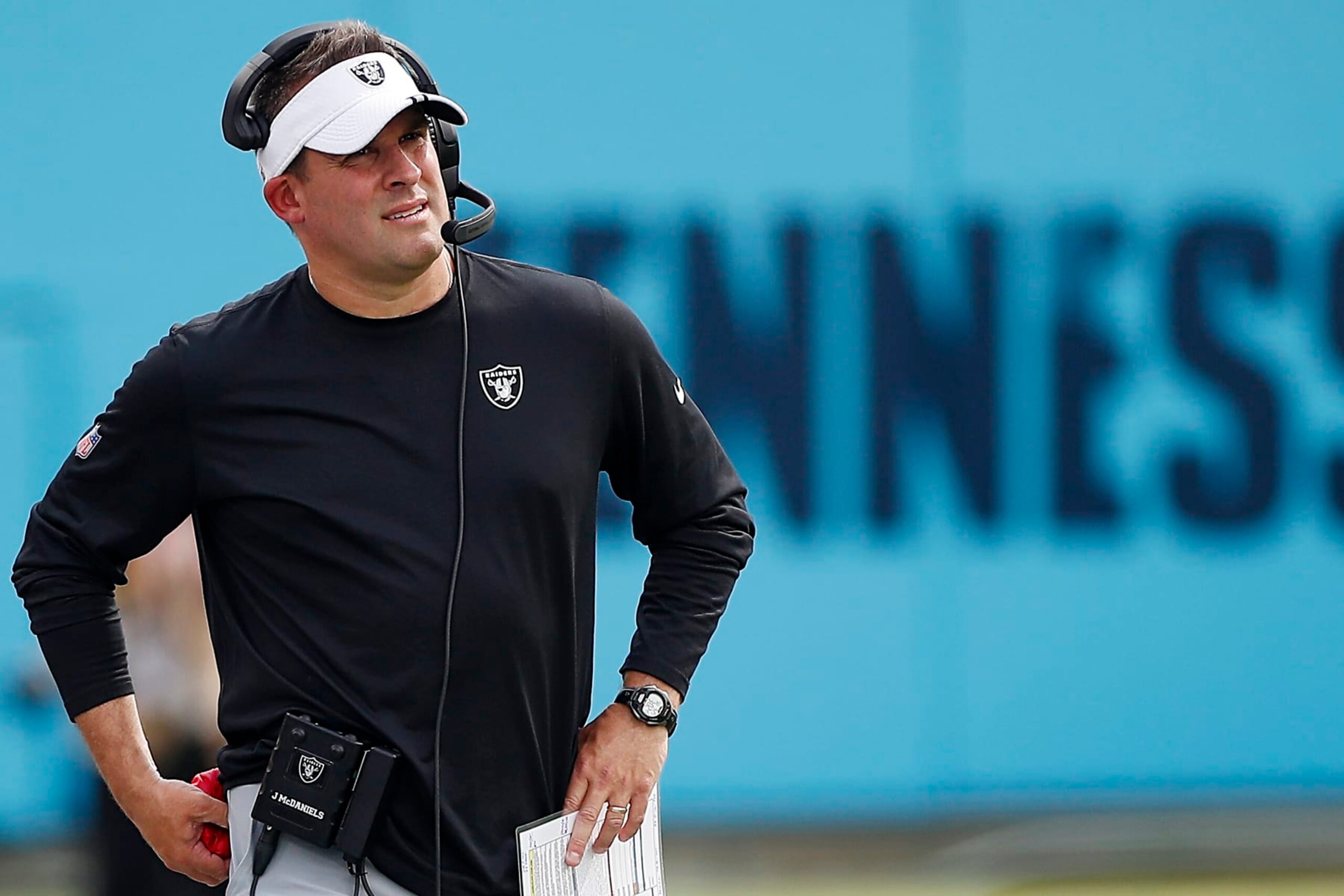 NASHVILLE, TENNESSEE - SEPTEMBER 25: Head coach Josh McDaniels of the Las Vegas Raiders looks on from the sidelines in the third quarter of the game against the Tennessee Titans at Nissan Stadium on September 25, 2022 in Nashville, Tennessee. (Photo by Silas Walker/Getty Images)