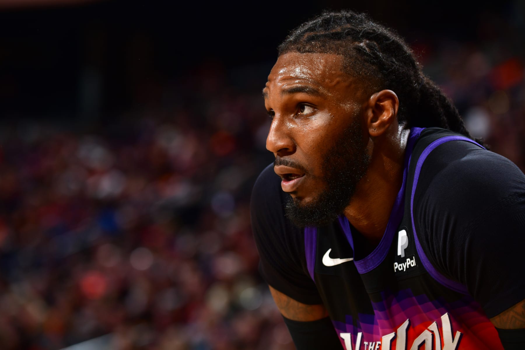 PHOENIX, AZ - MAY 4: Jae Crowder #99 of the Phoenix Suns looks on against the Dallas Mavericks during Game 2 of the 2022 NBA Playoffs Western Conference Semifinals on May 4, 2022 at Footprint Center in Phoenix, Arizona. NOTE TO USER: User expressly acknowledges and agrees that, by downloading and or using this photograph, user is consenting to the terms and conditions of the Getty Images License Agreement. Mandatory Copyright Notice: Copyright 2022 NBAE (Photo by Barry Gossage/NBAE via Getty Images)