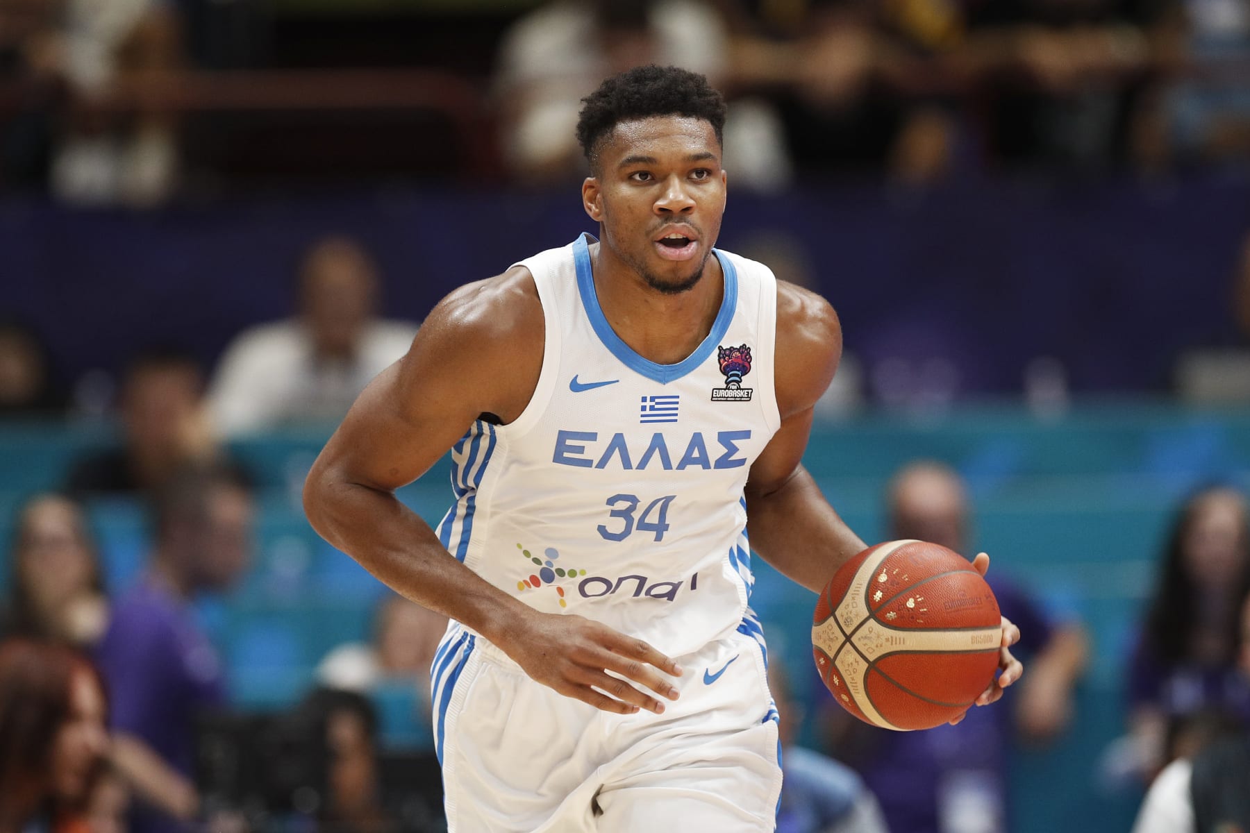 MILAN, ITALY - SEPTEMBER 06: Giannis Antetokounmpo of Greece controls the ball during the FIBA EuroBasket 2022 group C match between Greece and Ukraine at Forum di Assago on September 6, 2022 in Milan, Italy. (Photo by Matteo Ciambelli/DeFodi Images via Getty Images)