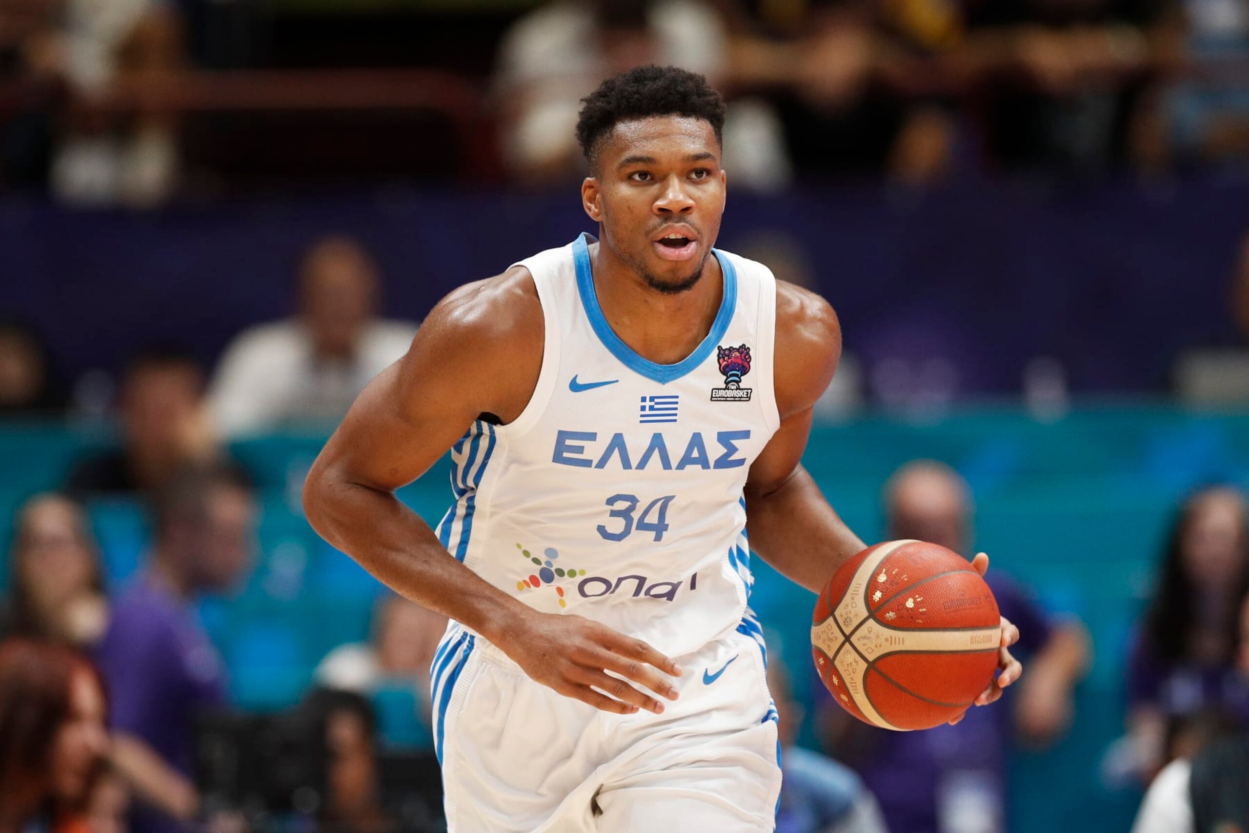 MILAN, ITALY - SEPTEMBER 06: Giannis Antetokounmpo of Greece controls the ball during the FIBA EuroBasket 2022 group C match between Greece and Ukraine at Forum di Assago on September 6, 2022 in Milan, Italy. (Photo by Matteo Ciambelli/DeFodi Images via Getty Images)