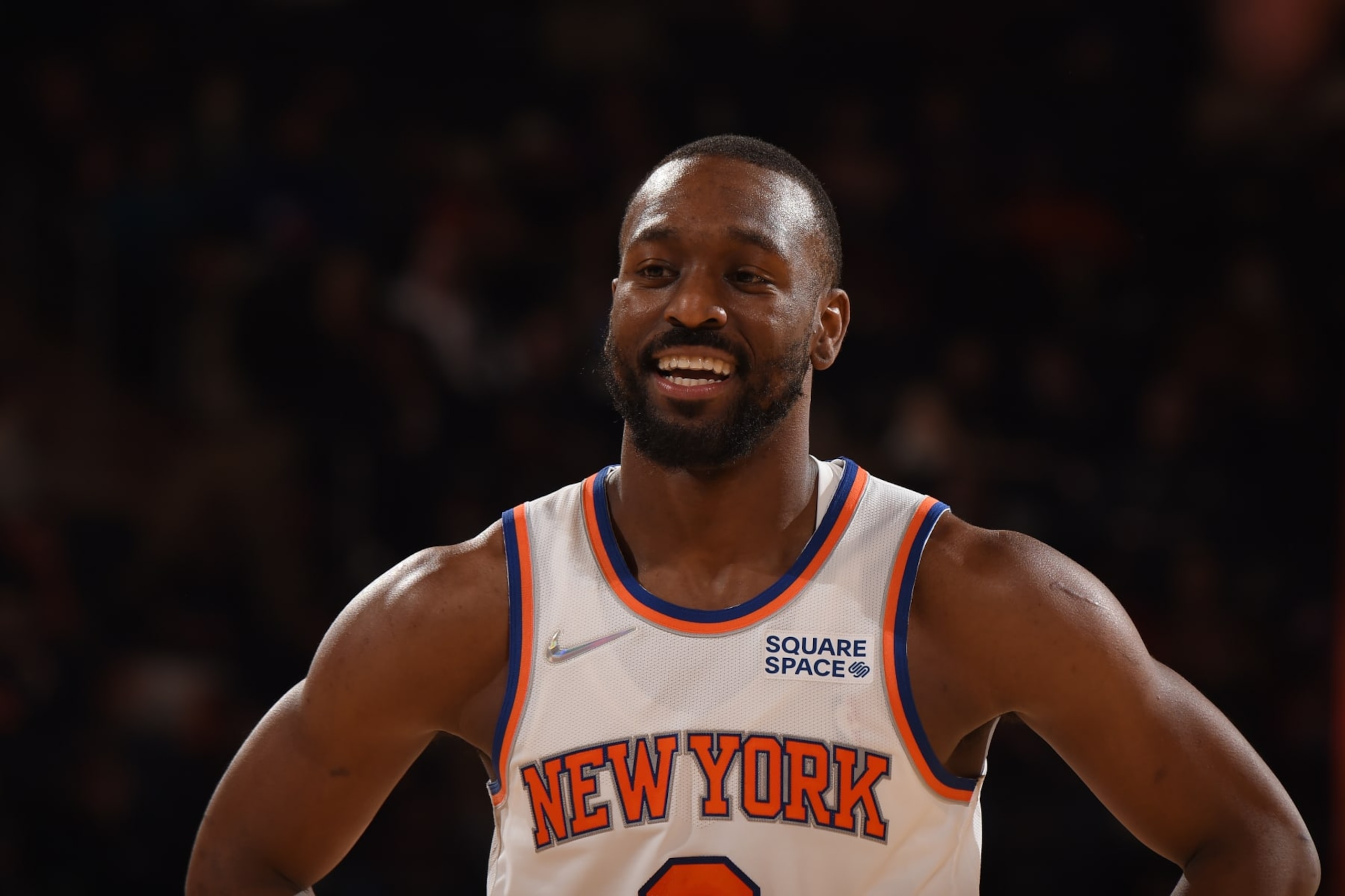 NEW YORK, NY - FEBRUARY 14: Kemba Walker #8 of the New York Knicks smiles during the game against the Oklahoma City Thunder on February 14, 2022 at Madison Square Garden in New York City, New York. NOTE TO USER: User expressly acknowledges and agrees that, by downloading and or using this photograph, User is consenting to the terms and conditions of the Getty Images License Agreement. Mandatory Copyright Notice: Copyright 2022 NBAE (Photo by Brian Babineau/NBAE via Getty Images) NEW YORK, NY - FEBRUARY 14: Kemba Walker #8 of the New York Knicks smiles during the game against the Oklahoma City Thunder on February 14, 2022 at Madison Square Garden in New York City, New York. NOTE TO USER: User expressly acknowledges and agrees that, by downloading and or using this photograph, User is consenting to the terms and conditions of the Getty Images License Agreement. Mandatory Copyright Notice: Copyright 2022 NBAE (Photo by Brian Babineau/NBAE via Getty Images)
