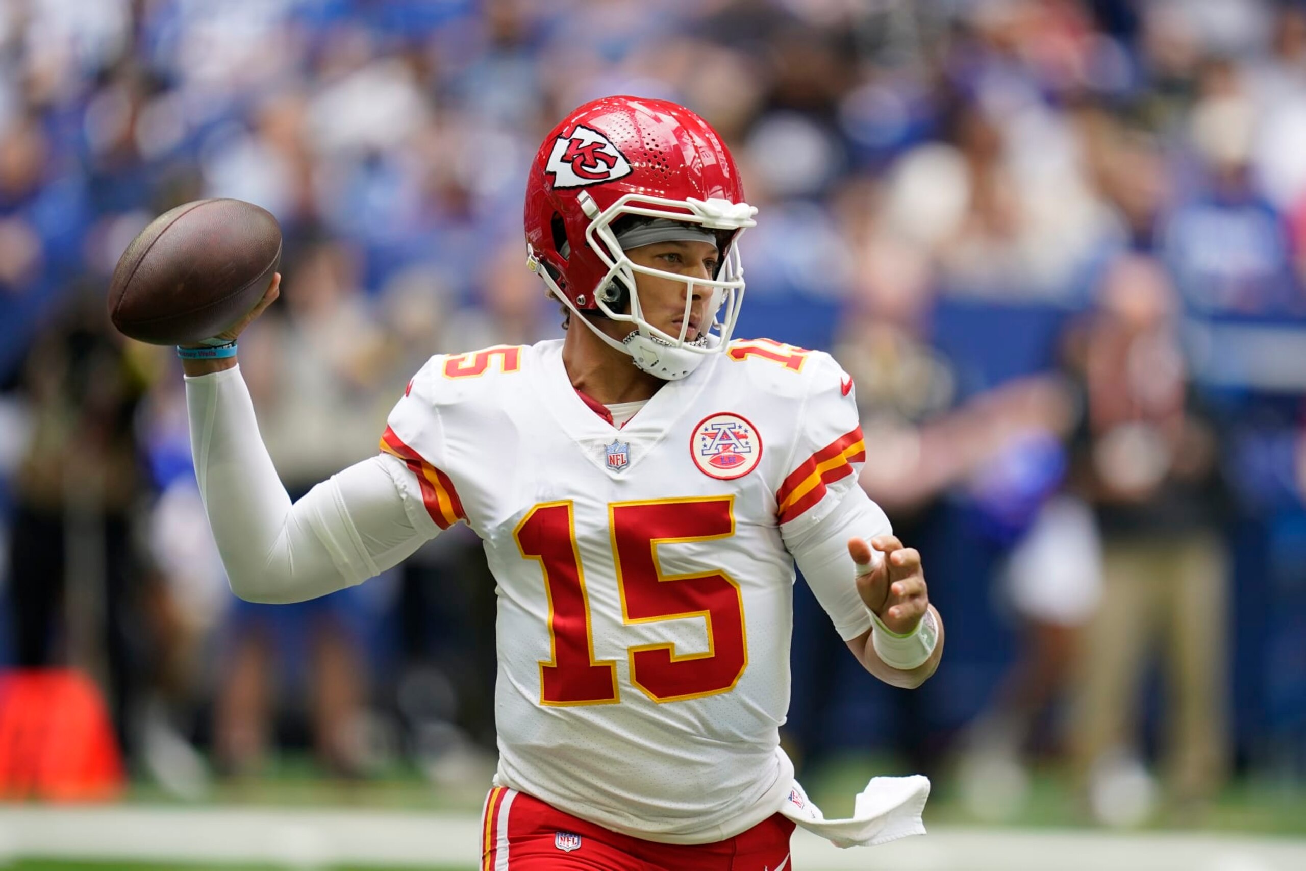 Kansas City Chiefs quarterback Patrick Mahomes throws during the first half of an NFL football game against the Indianapolis Colts, Sunday, Sept. 25, 2022, in Indianapolis. (AP Photo/Michael Conroy)