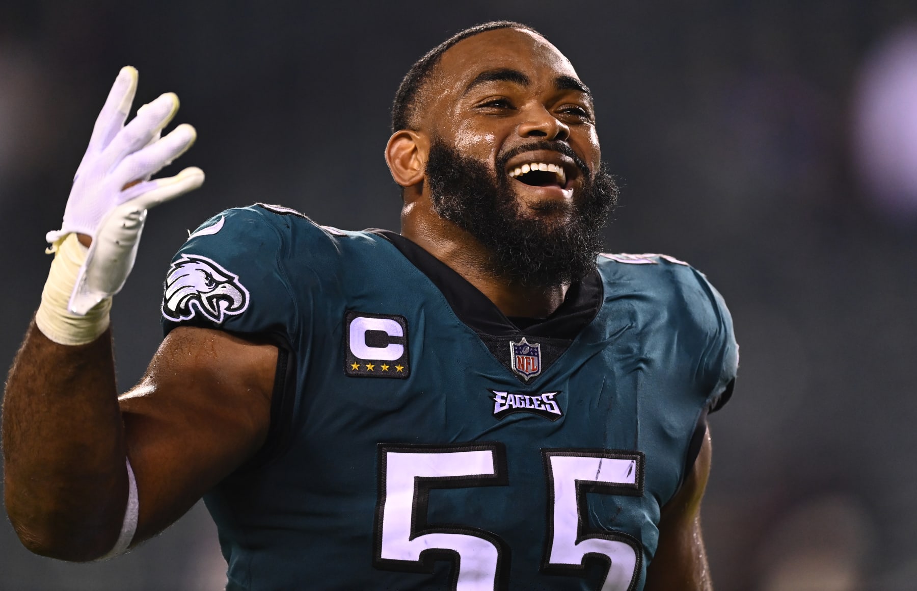 PHILADELPHIA, PA - SEPTEMBER 19: Philadelphia Eagles Defensive End Brandon Graham (55) reacts after the game between the Minnesota Vikings and Philadelphia Eagles on September 19, 2022 at Lincoln Financial Field in Philadelphia, PA. (Photo by Kyle Ross/Icon Sportswire via Getty Images)