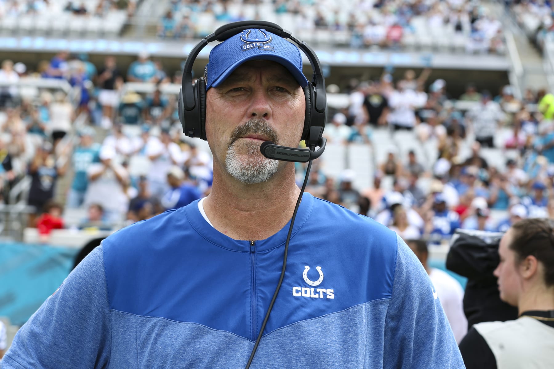 Indianapolis Colts defensive coordinator Gus Bradley before an NFL football game against the Jacksonville Jaguars in Jacksonville, Fla., Sunday, Sept. 18, 2022. (AP Photo/Gary McCullough)