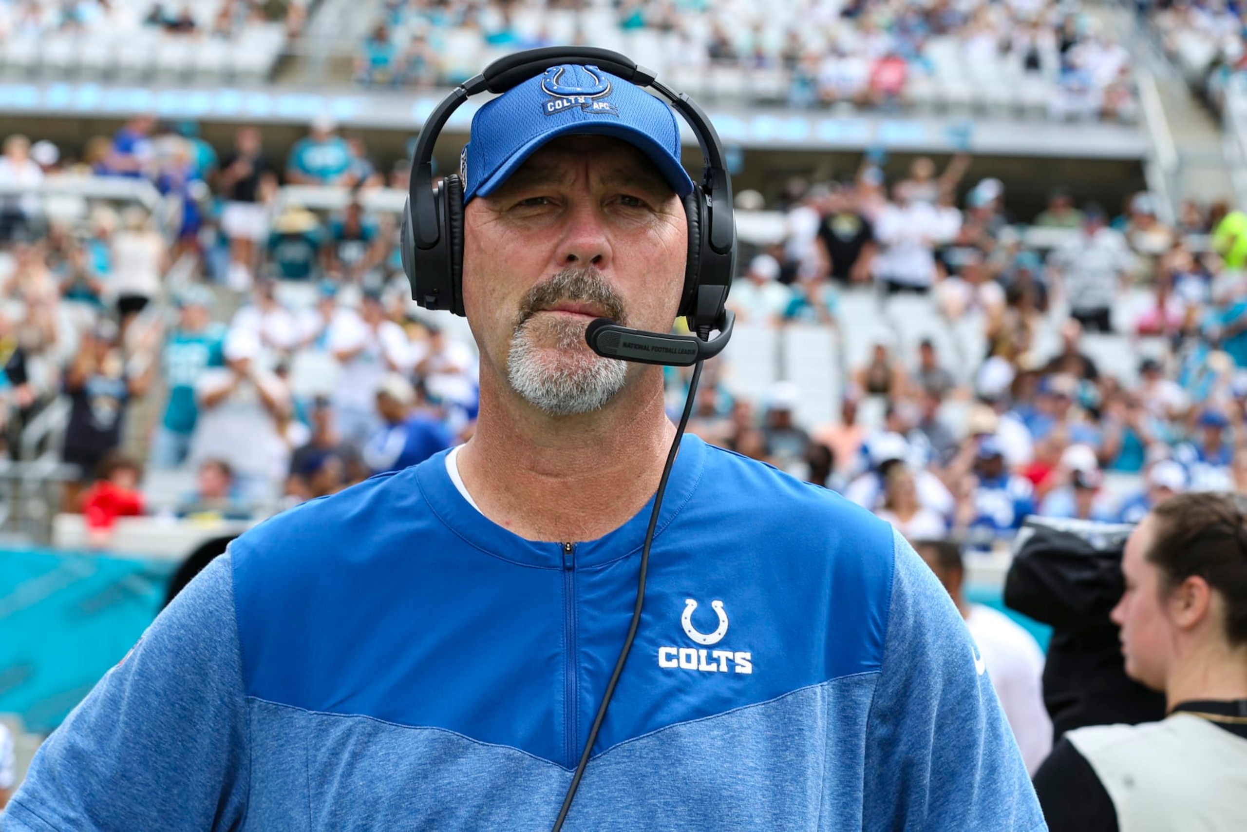 Indianapolis Colts defensive coordinator Gus Bradley before an NFL football game against the Jacksonville Jaguars in Jacksonville, Fla., Sunday, Sept. 18, 2022. (AP Photo/Gary McCullough)