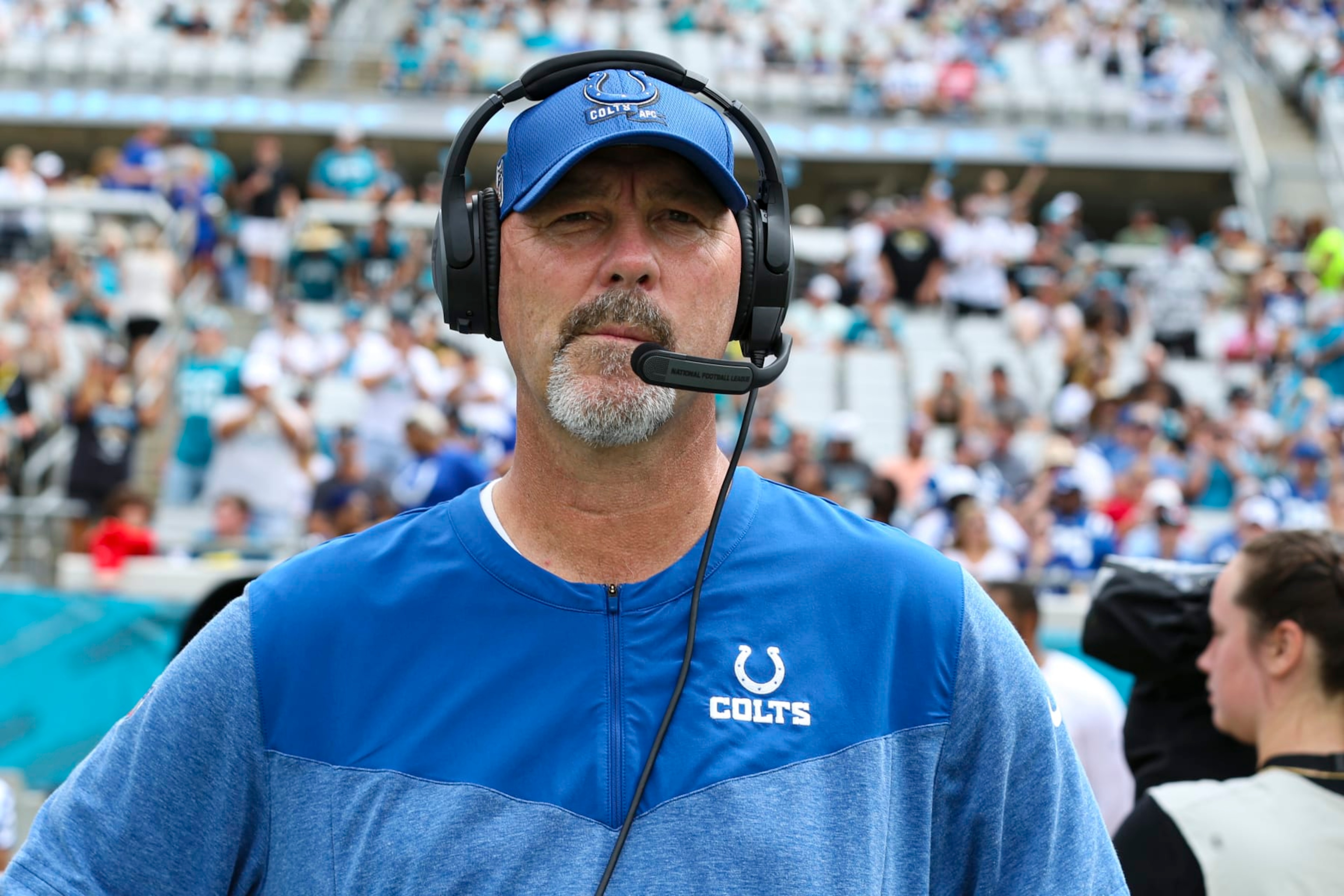 Indianapolis Colts defensive coordinator Gus Bradley before an NFL football game against the Jacksonville Jaguars in Jacksonville, Fla., Sunday, Sept. 18, 2022. (AP Photo/Gary McCullough) Indianapolis Colts defensive coordinator Gus Bradley before an NFL football game against the Jacksonville Jaguars in Jacksonville, Fla., Sunday, Sept. 18, 2022. (AP Photo/Gary McCullough)