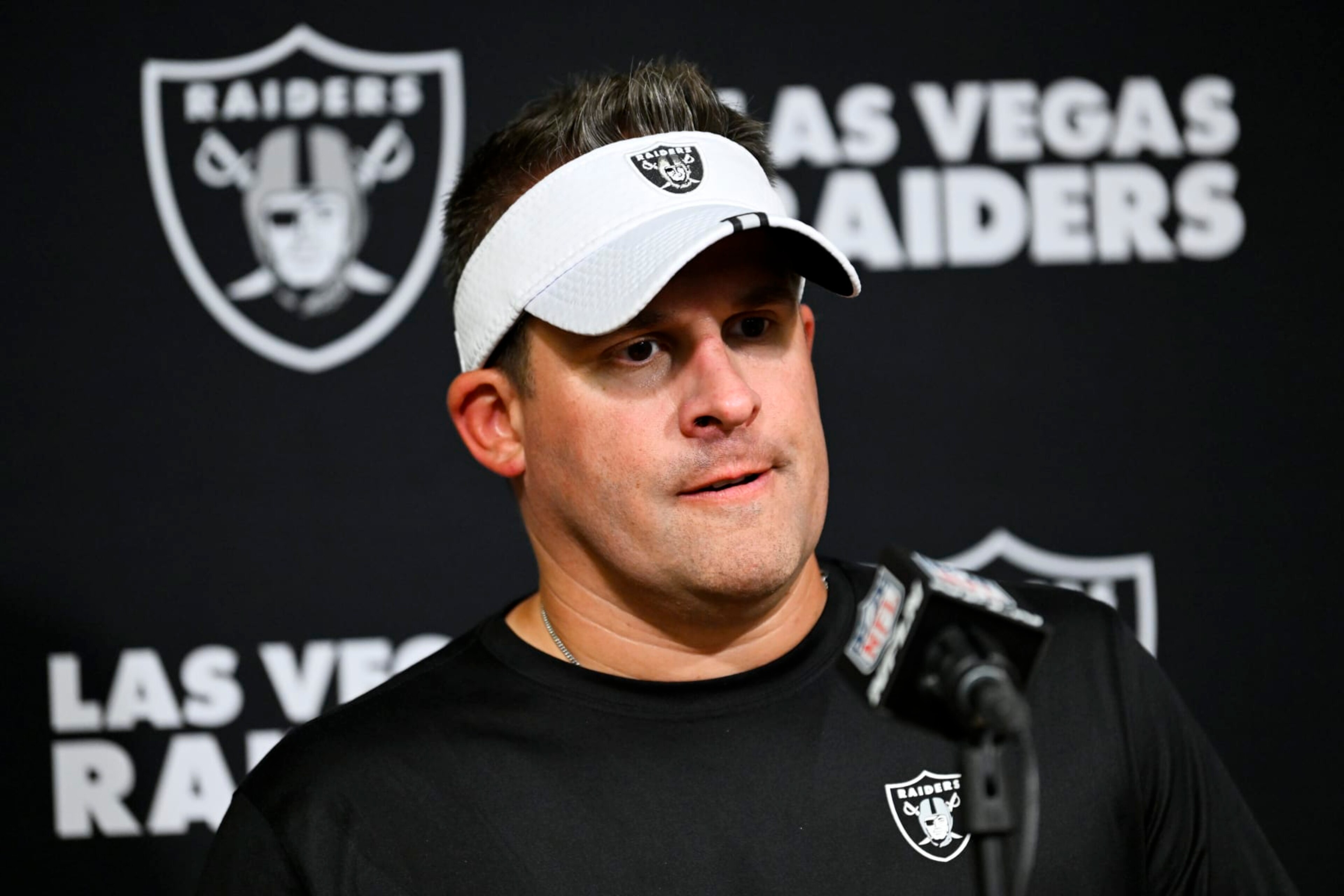 Las Vegas Raiders head coach Josh McDaniels answers questions after an NFL football game against the Tennessee Titans Sunday, Sept. 25, 2022, in Nashville, Tenn. (AP Photo/John Amis) Las Vegas Raiders head coach Josh McDaniels answers questions after an NFL football game against the Tennessee Titans Sunday, Sept. 25, 2022, in Nashville, Tenn. (AP Photo/John Amis)