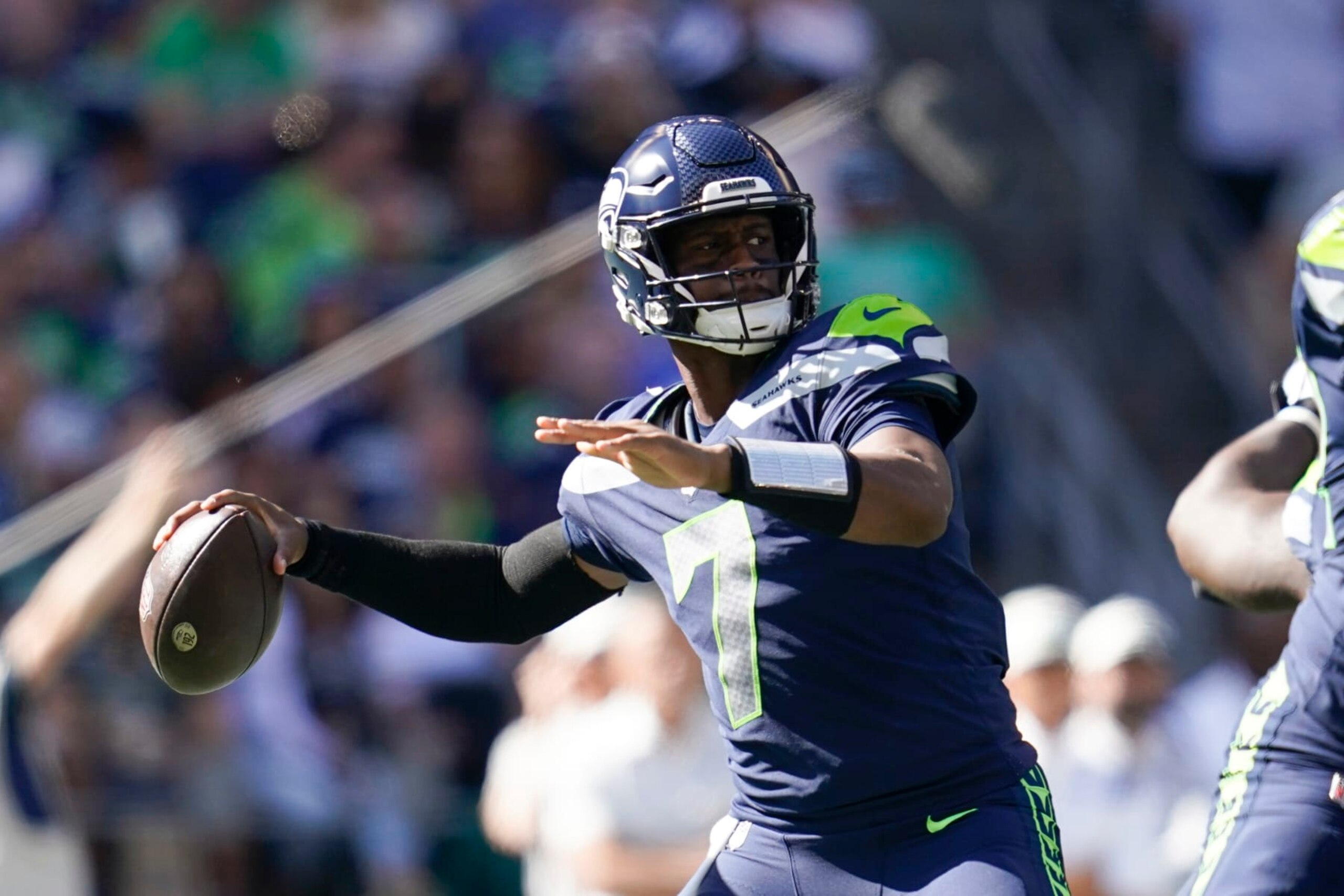 Seattle Seahawks quarterback Geno Smith throws a pass during the first half of an NFL football game against the Atlanta Falcons Sunday, Sept. 25, 2022, in Seattle. (AP Photo/Ashley Landis)