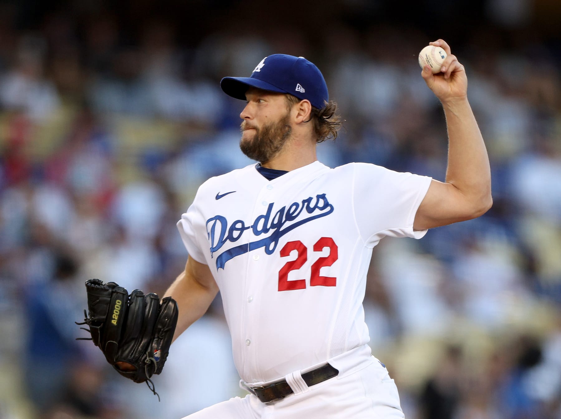 LOS ANGELES, CALIFORNIA - SEPTEMBER 24: Clayton Kershaw #22 of the Los Angeles Dodgers pitches during the first inning against the St. Louis Cardinals at Dodger Stadium on September 24, 2022 in Los Angeles, California. (Photo by Harry How/Getty Images)
