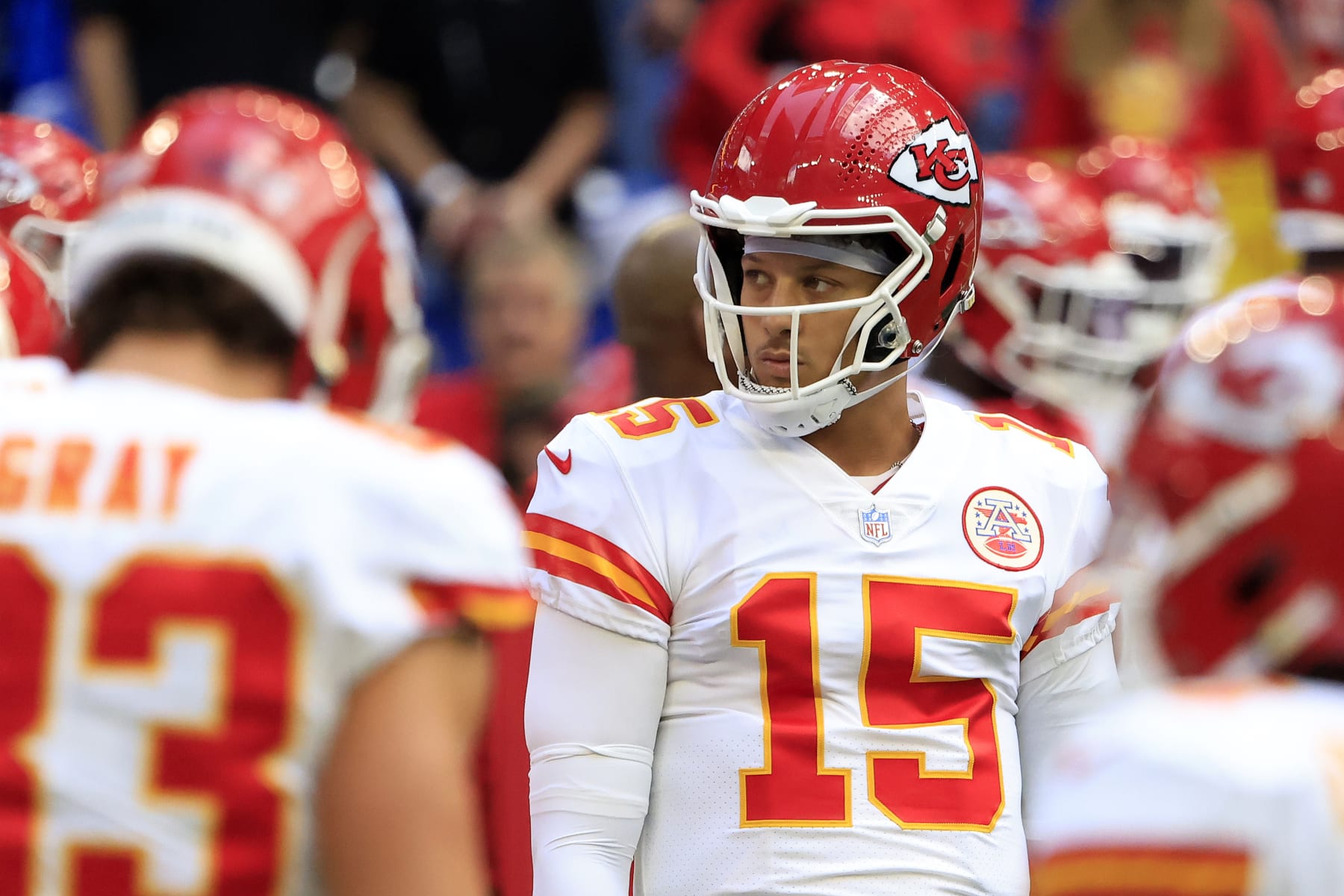 INDIANAPOLIS, INDIANA - SEPTEMBER 25: Patrick Mahomes #15 of the Kansas City Chiefs looks on before the game against the Indianapolis Colts at Lucas Oil Stadium on September 25, 2022 in Indianapolis, Indiana. (Photo by Justin Casterline/Getty Images)