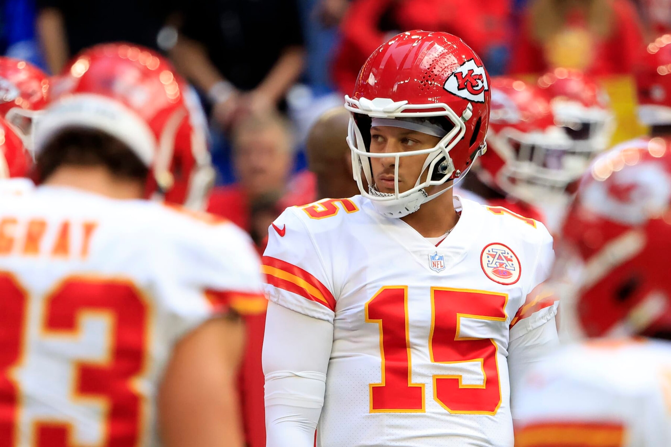 INDIANAPOLIS, INDIANA - SEPTEMBER 25: Patrick Mahomes #15 of the Kansas City Chiefs looks on before the game against the Indianapolis Colts at Lucas Oil Stadium on September 25, 2022 in Indianapolis, Indiana. (Photo by Justin Casterline/Getty Images)