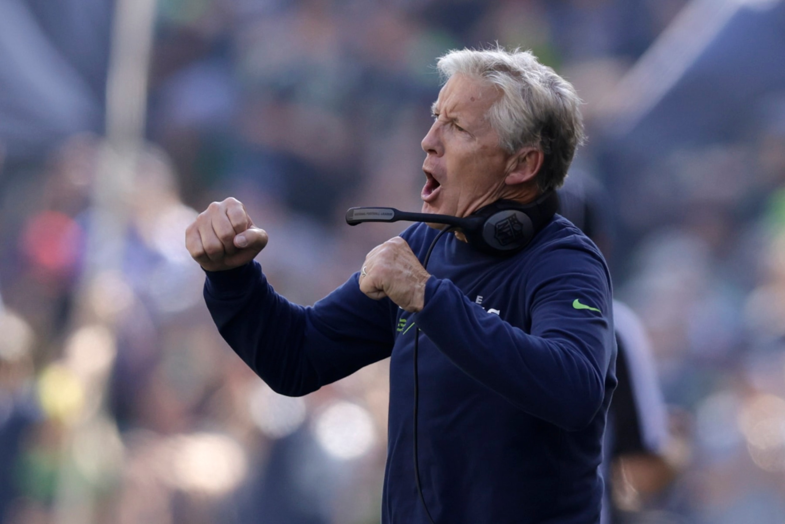 Seattle Seahawks head coach Pete Carroll reacts during the first half of an NFL football game against the Atlanta Falcons, Sunday, Sept. 25, 2022, in Seattle. (AP Photo/John Froschauer) Seattle Seahawks head coach Pete Carroll reacts during the first half of an NFL football game against the Atlanta Falcons, Sunday, Sept. 25, 2022, in Seattle. (AP Photo/John Froschauer)