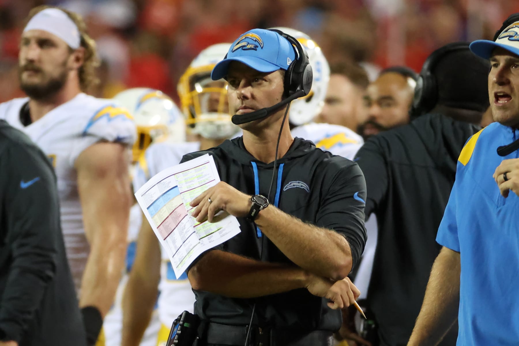 KANSAS CITY, MO - SEPTEMBER 15: Los Angeles Chargers head coach Brandon Staley on the sidelines during an NFL game between the Los Angeles Chargers and Kansas City Chiefs on September 15, 2022 at GEHA Field at Arrowhead Stadium in Kansas City, MO.  Photo by Scott Winters/Icon Sportswire via Getty Images)