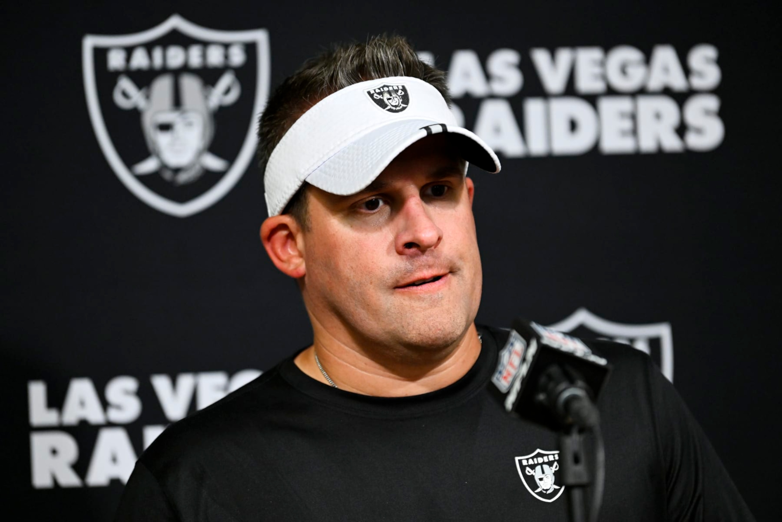Las Vegas Raiders head coach Josh McDaniels answers questions after an NFL football game against the Tennessee Titans Sunday, Sept. 25, 2022, in Nashville, Tenn. (AP Photo/John Amis) Las Vegas Raiders head coach Josh McDaniels answers questions after an NFL football game against the Tennessee Titans Sunday, Sept. 25, 2022, in Nashville, Tenn. (AP Photo/John Amis)