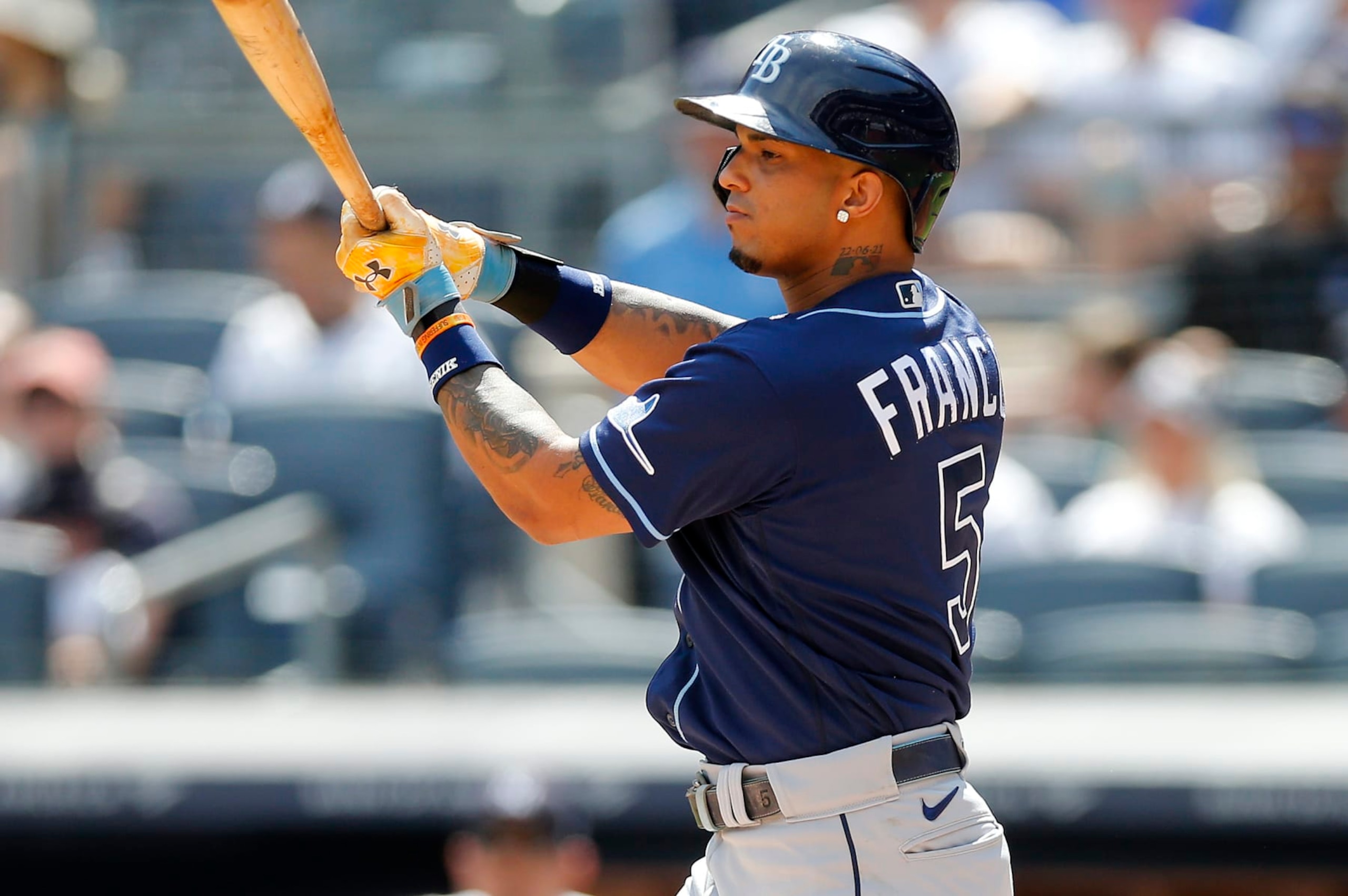 NEW YORK, NEW YORK - SEPTEMBER 10:  Wander Franco #5 of the Tampa Bay Rays in action against the New York Yankees at Yankee Stadium on September 10, 2022 in the Bronx borough of New York City. The Yankees defeated the Rays 10-3. (Photo by Jim McIsaac/Getty Images)