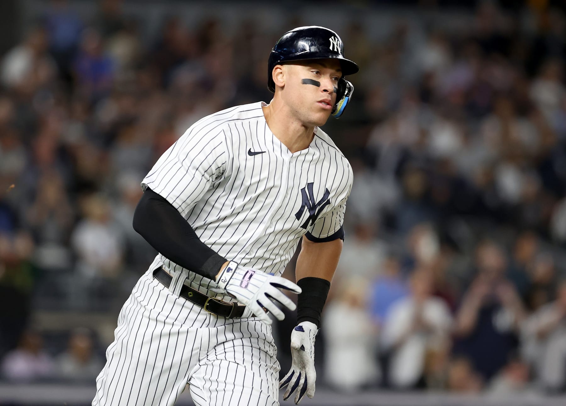 NEW YORK, NEW YORK - SEPTEMBER 25:  Aaron Judge #99 of the New York Yankees hits a double in the first inning against the Boston Red Sox at Yankee Stadium on September 25, 2022 in the Bronx borough of New York City. (Photo by Elsa/Getty Images)