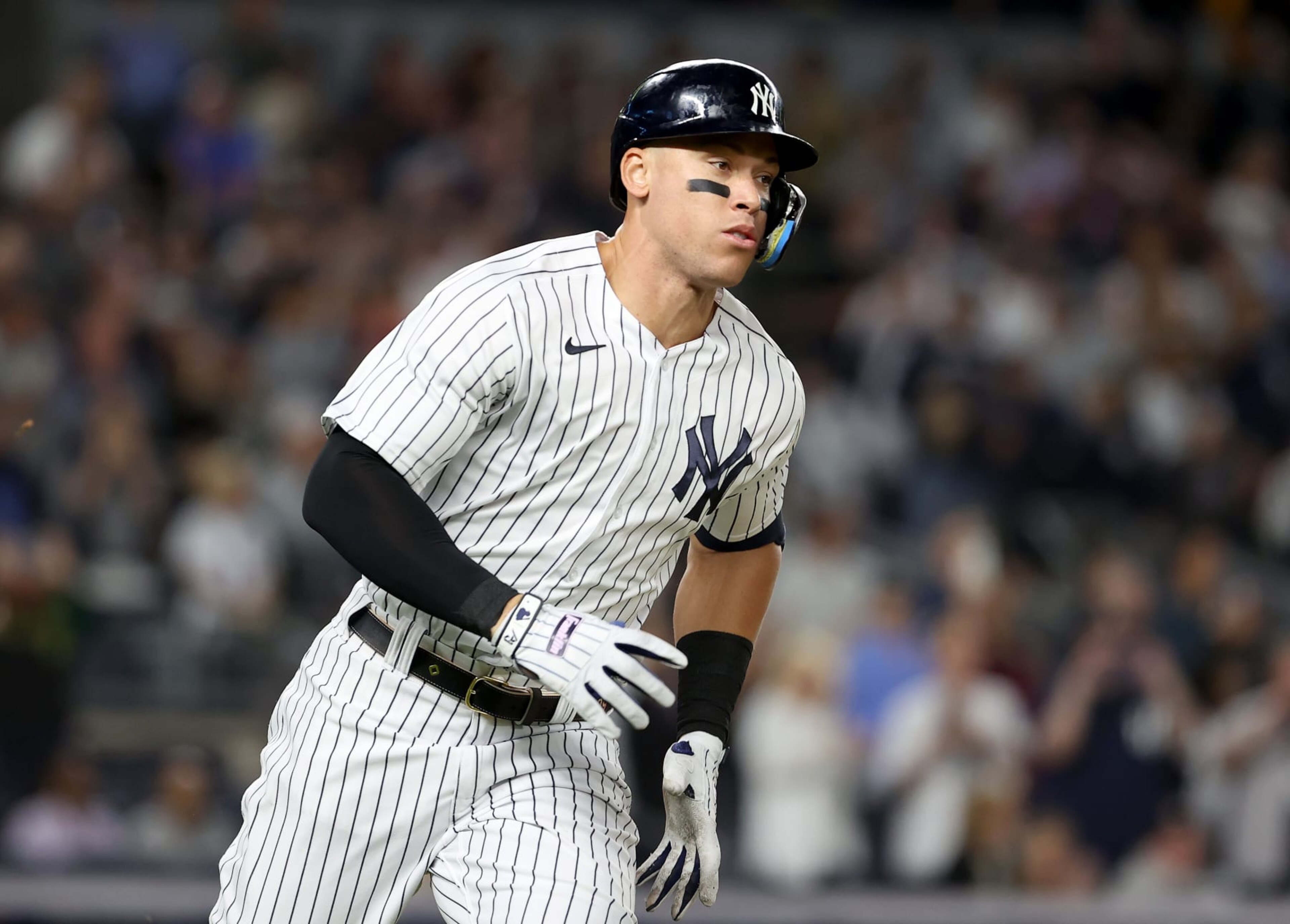 NEW YORK, NEW YORK - SEPTEMBER 25: Aaron Judge #99 of the New York Yankees hits a double in the first inning against the Boston Red Sox at Yankee Stadium on September 25, 2022 in the Bronx borough of New York City. (Photo by Elsa/Getty Images) NEW YORK, NEW YORK - SEPTEMBER 25: Aaron Judge #99 of the New York Yankees hits a double in the first inning against the Boston Red Sox at Yankee Stadium on September 25, 2022 in the Bronx borough of New York City. (Photo by Elsa/Getty Images)
