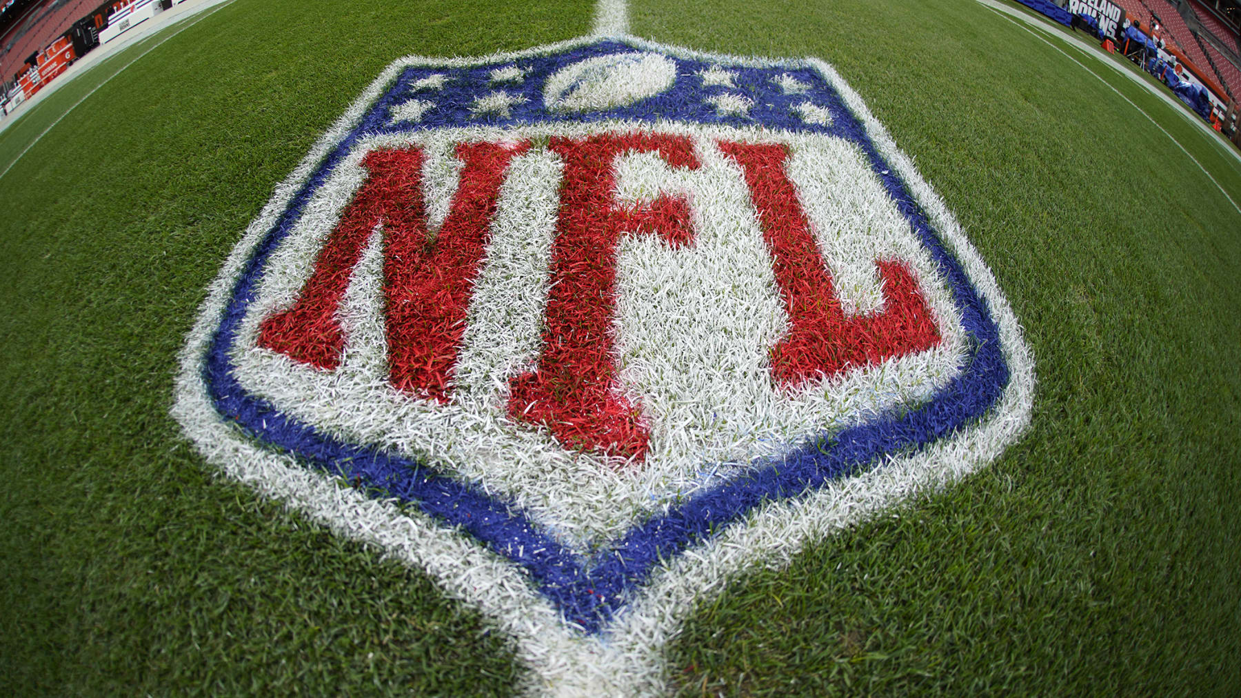 This is the NFL logo painted on the field at FirstEnergy Stadium before an NFL football game between the Cleveland Browns and the Pittsburgh Steelers in Cleveland, Ohio, Thursday, Sept. 22, 2022. (AP Photo/Gene J. Puskar)