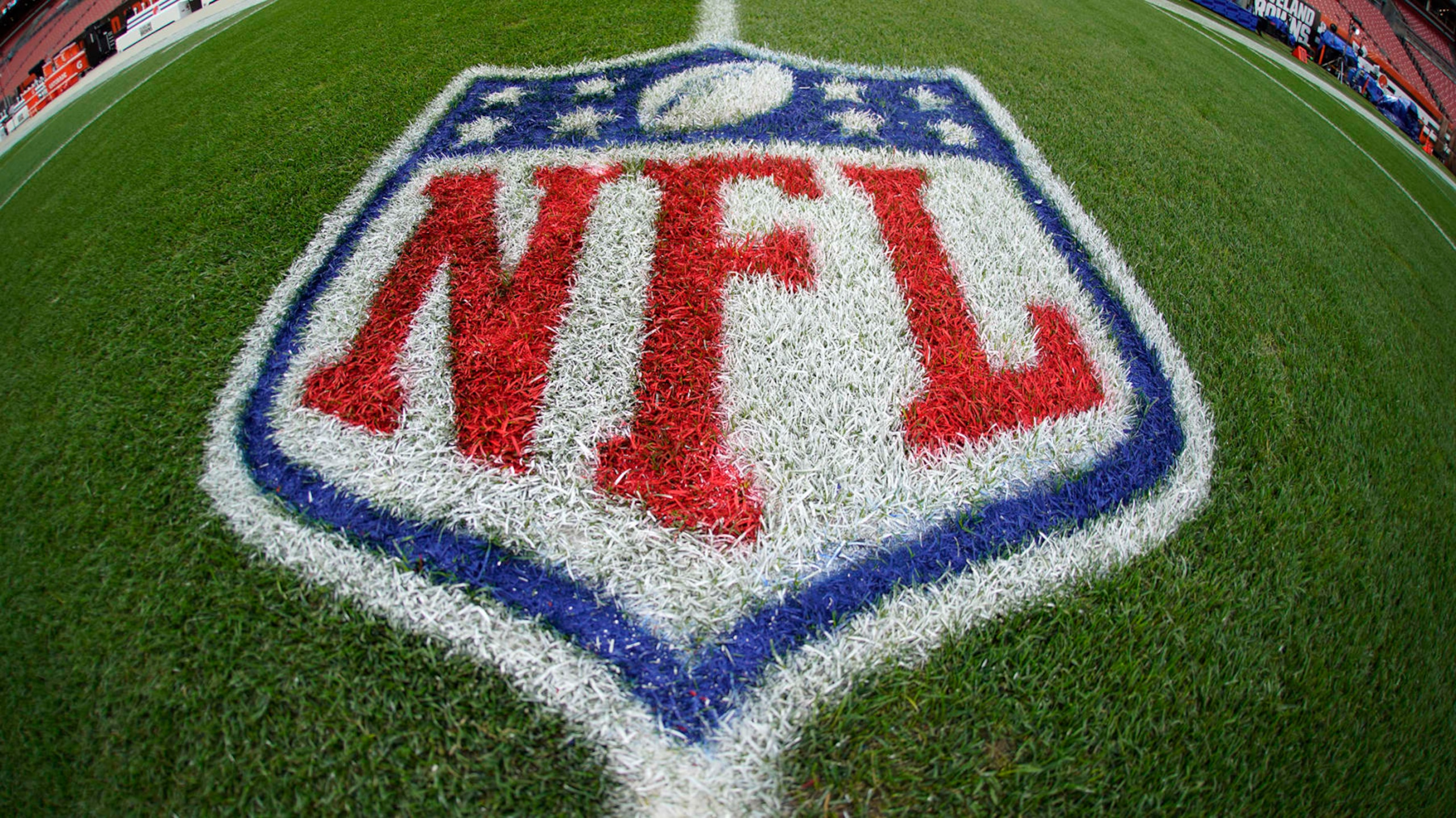 This is the NFL logo painted on the field at FirstEnergy Stadium before an NFL football game between the Cleveland Browns and the Pittsburgh Steelers in Cleveland, Ohio, Thursday, Sept. 22, 2022. (AP Photo/Gene J. Puskar)