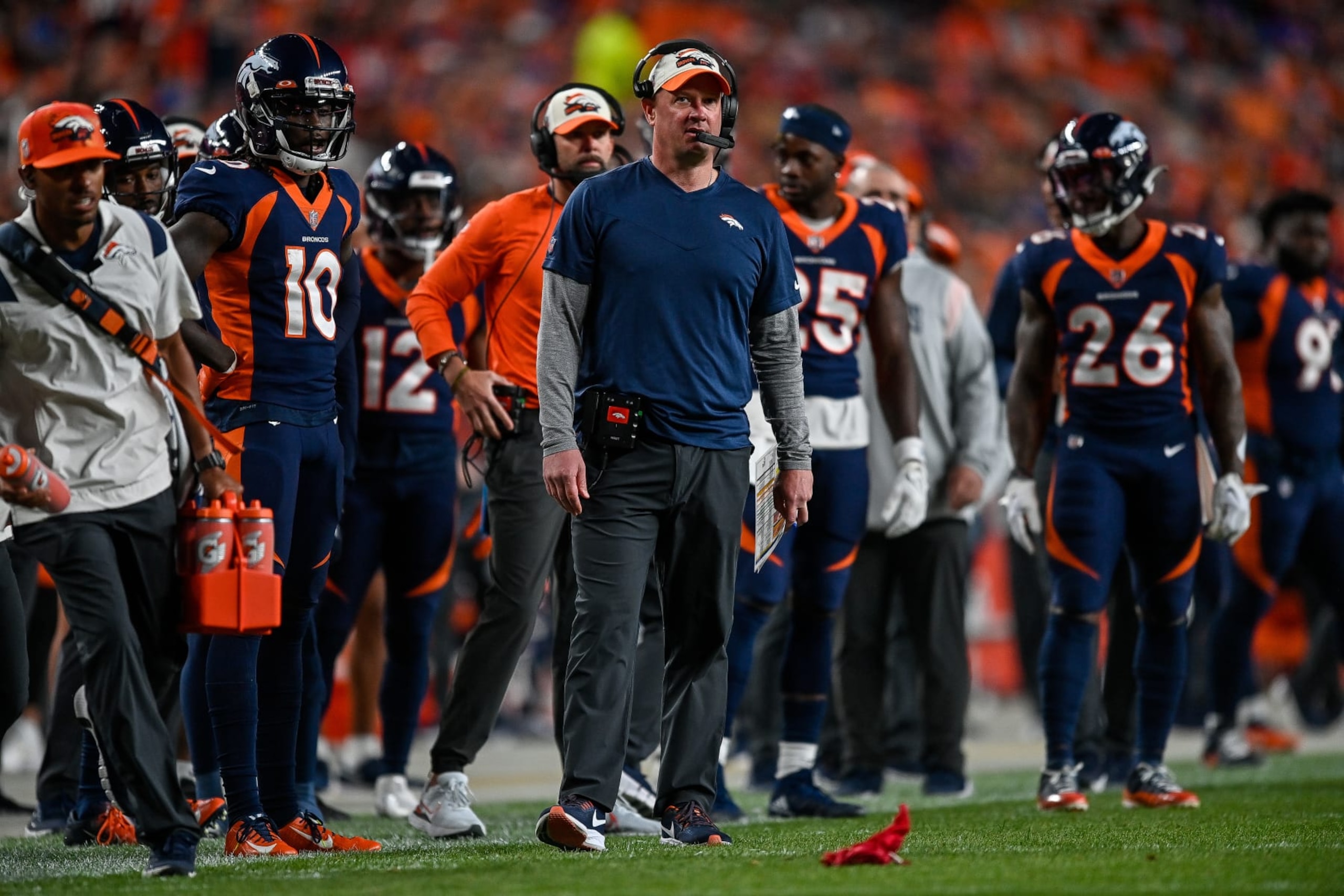 DENVER, CO - SEPTEMBER 25: Denver Broncos head coach Nathaniel Hackett throws a challenge flag after a punt play in the first half during a game between the San Francisco 49ers and the Denver Broncos at Empower Field at Mile High on September 25, 2022 in Denver, Colorado. (Photo by Dustin Bradford/Icon Sportswire via Getty Images)