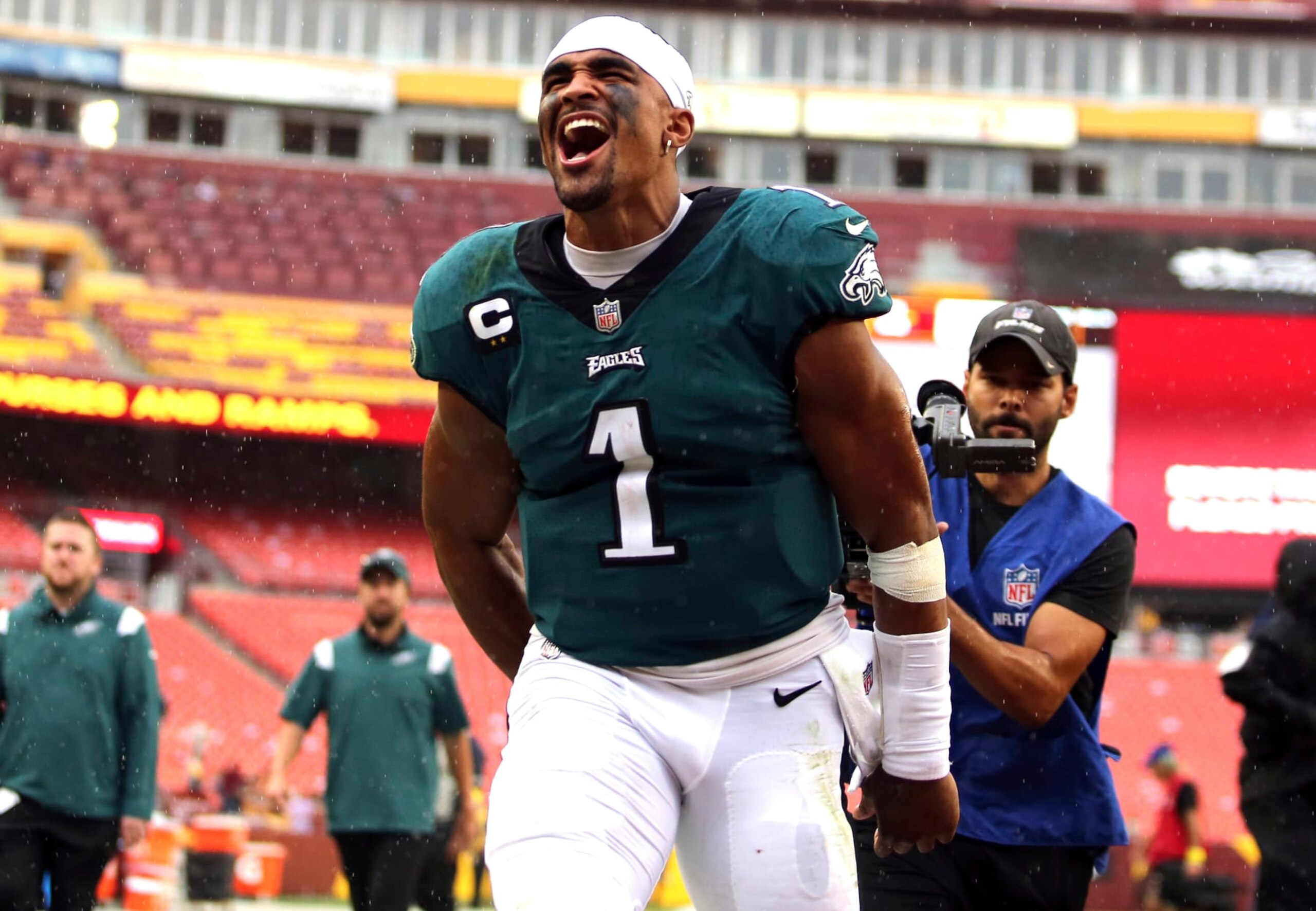 Philadelphia Eagles quarterback Jalen Hurts (1) celebrates after an NFL football game against the Washington Commanders, Sunday, Sept. 25, 2022 in Landover. (AP Photo/Daniel Kucin Jr.) Philadelphia Eagles quarterback Jalen Hurts (1) celebrates after an NFL football game against the Washington Commanders, Sunday, Sept. 25, 2022 in Landover. (AP Photo/Daniel Kucin Jr.)