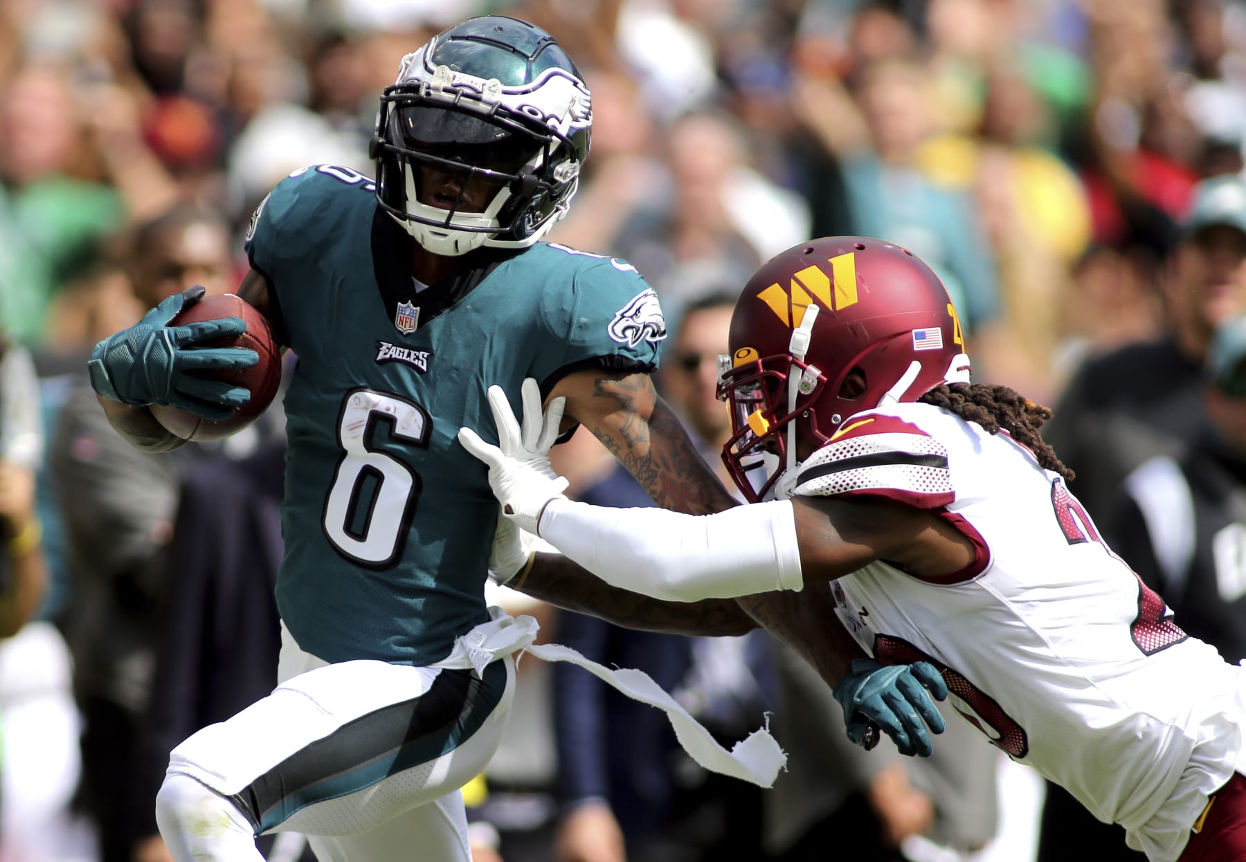 Philadelphia Eagles wide receiver DeVonta Smith (6) runs during an NFL football game against the Washington Commanders, Sunday, Sept. 25, 2022 in Landover. (AP Photo/Daniel Kucin Jr.)
