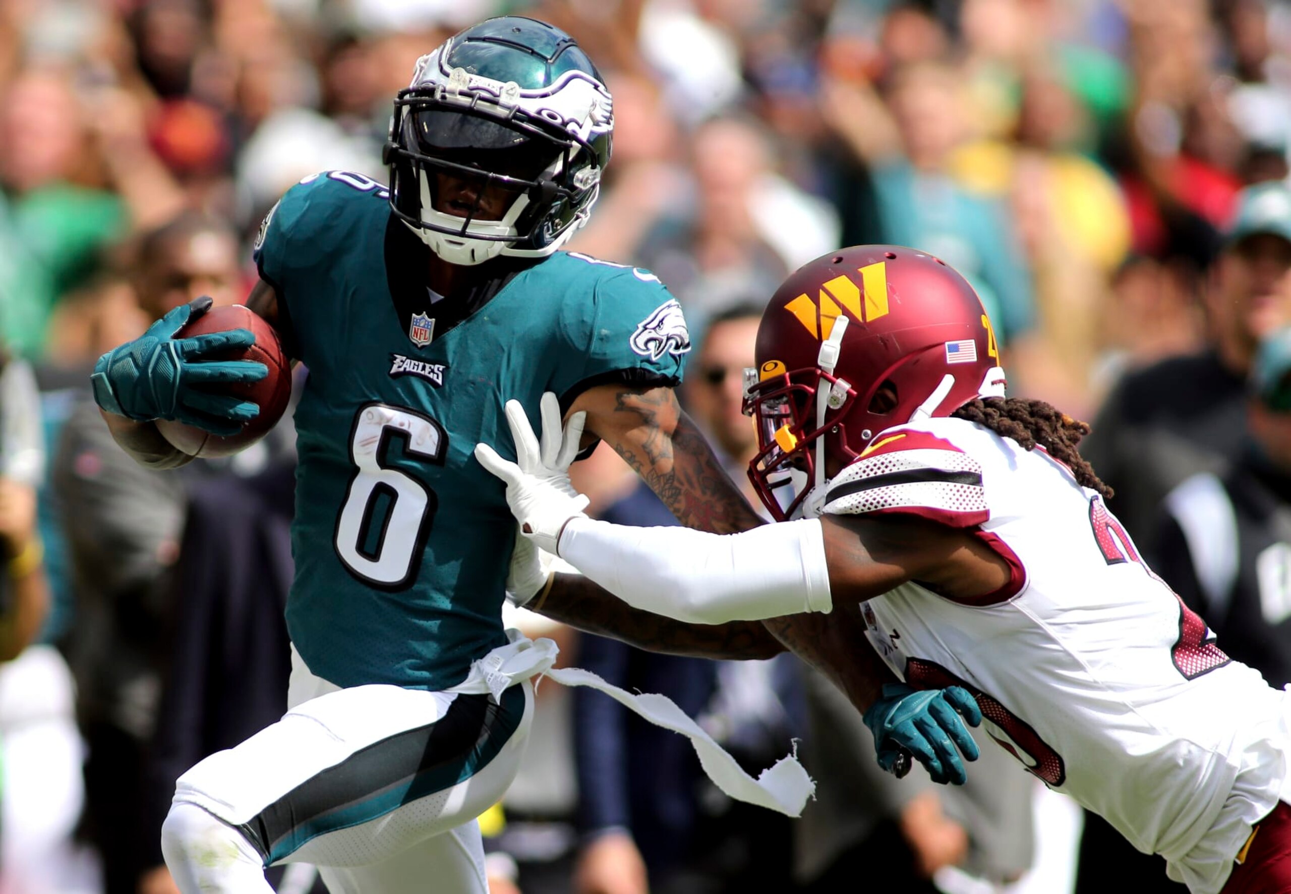 Philadelphia Eagles wide receiver DeVonta Smith (6) runs during an NFL football game against the Washington Commanders, Sunday, Sept. 25, 2022 in Landover. (AP Photo/Daniel Kucin Jr.) Philadelphia Eagles wide receiver DeVonta Smith (6) runs during an NFL football game against the Washington Commanders, Sunday, Sept. 25, 2022 in Landover. (AP Photo/Daniel Kucin Jr.)