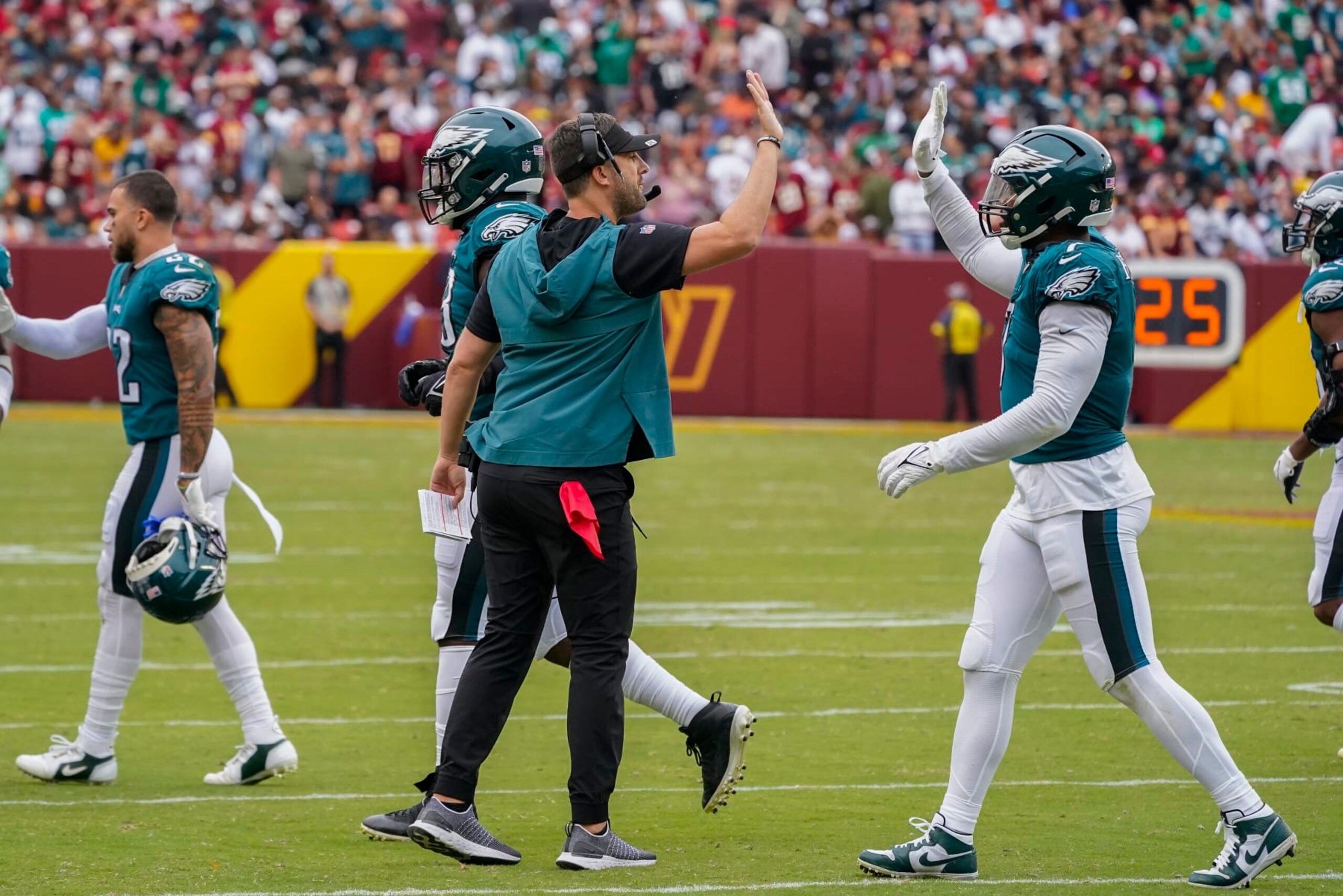 Philadelphia Eagles head coach Nick Sirianni, center, greeting linebacker Haason Reddick (7) during the second half of an NFL football game, Sunday, Sept. 25, 2022, in Landover, Md. (AP Photo/Alex Brandon) Philadelphia Eagles head coach Nick Sirianni, center, greeting linebacker Haason Reddick (7) during the second half of an NFL football game, Sunday, Sept. 25, 2022, in Landover, Md. (AP Photo/Alex Brandon)