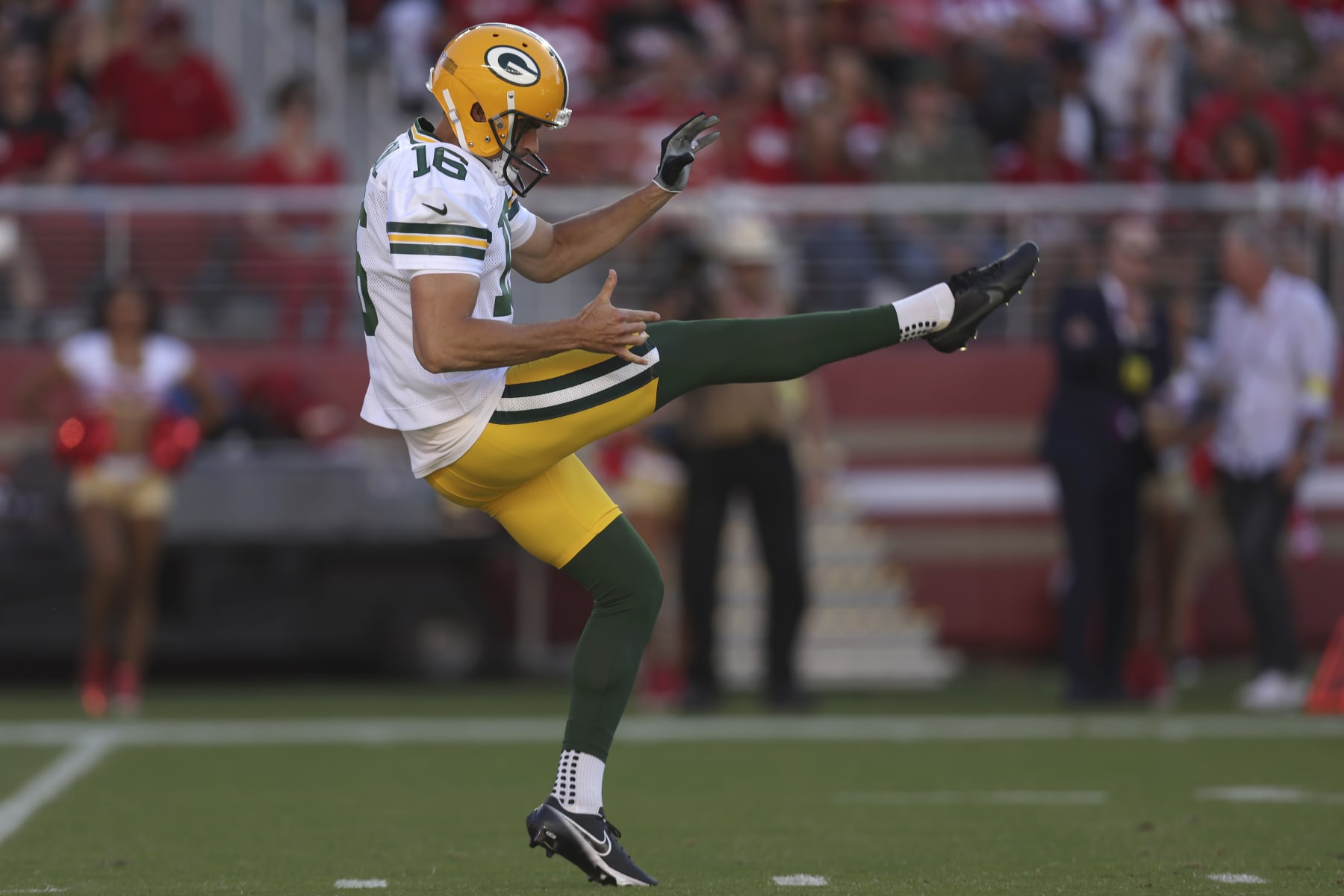 Green Bay Packers punter Pat O'Donnell (16) during an NFL preseason football game against the San Francisco 49ers in Santa Clara, Calif., Friday, Aug. 12, 2022. (AP Photo/Jed Jacobsohn)