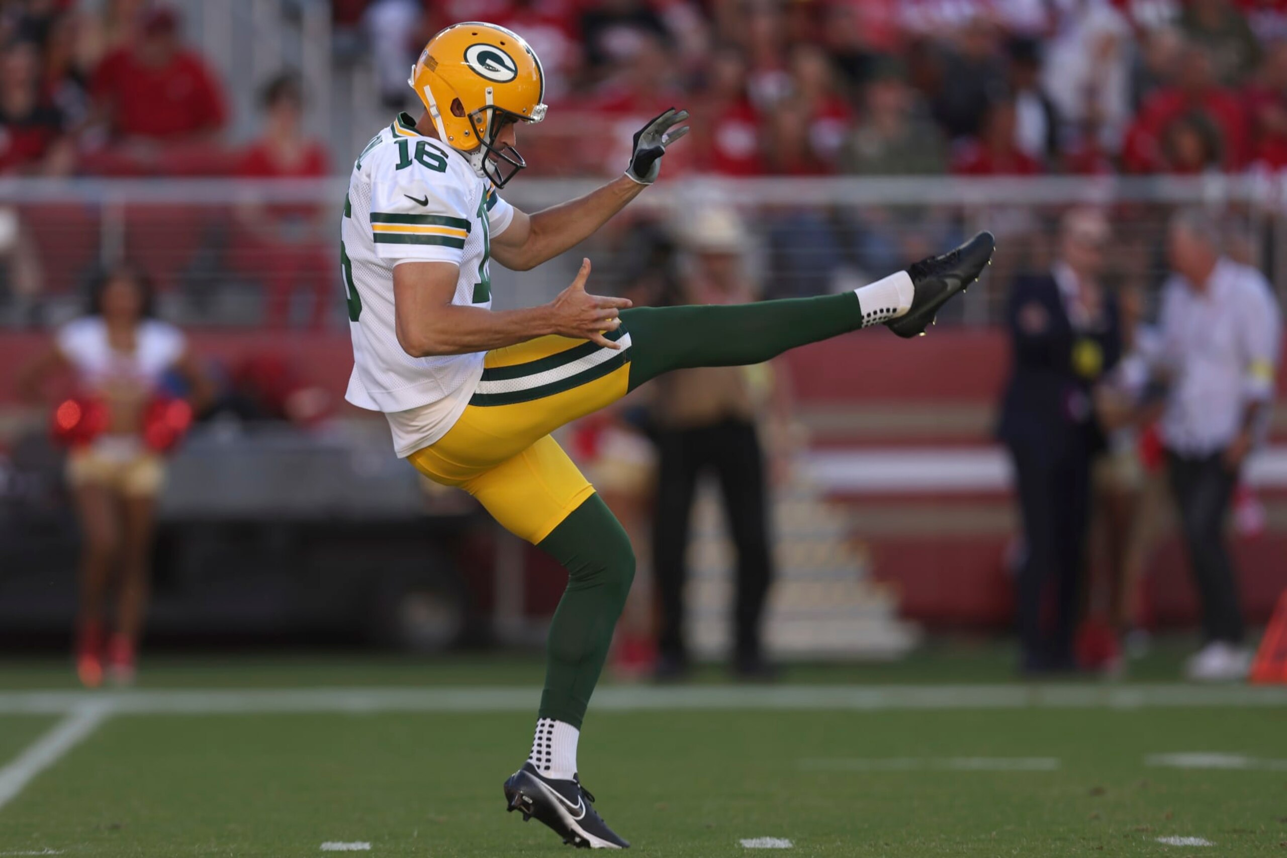 Green Bay Packers punter Pat O'Donnell (16) during an NFL preseason football game against the San Francisco 49ers in Santa Clara, Calif., Friday, Aug. 12, 2022. (AP Photo/Jed Jacobsohn)