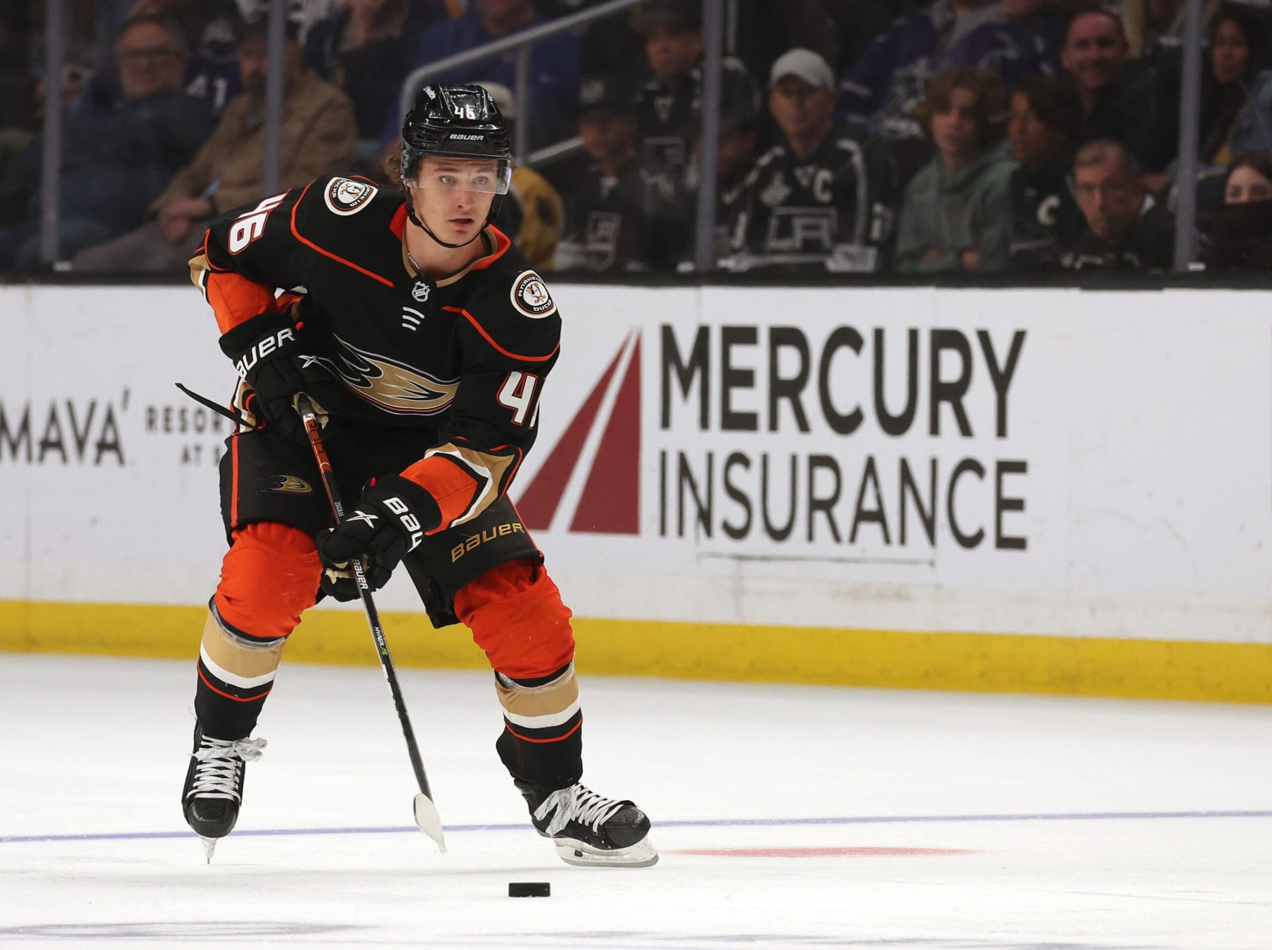 LOS ANGELES, CALIFORNIA - APRIL 23: Trevor Zegras #46 of the Anaheim Ducks brings up the puck during a 4-1 Los Angeles Kings win at Crypto.com Arena on April 23, 2022 in Los Angeles, California. (Photo by Harry How/Getty Images)