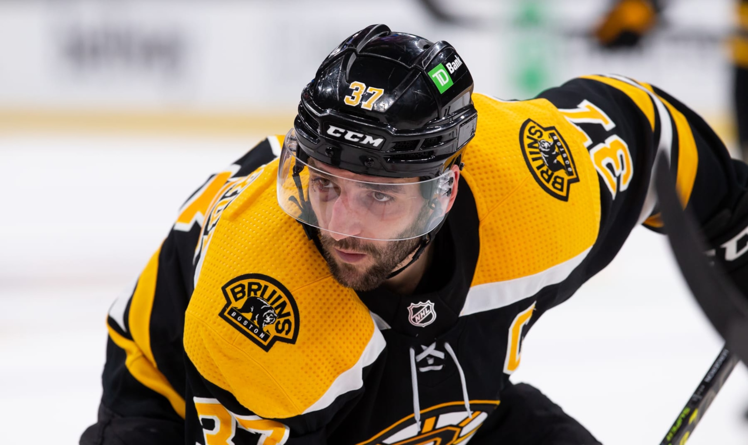 BOSTON, MA - MAY 12: Patrice Bergeron #37 of the Boston Bruins skates against the Carolina Hurricanes during the third period in Game Six of the First Round of the 2022 Stanley Cup Playoffs at the TD Garden on May 12, 2022 in Boston, Massachusetts. The Bruins won 5-2. (Photo by Rich Gagnon/Getty Images)