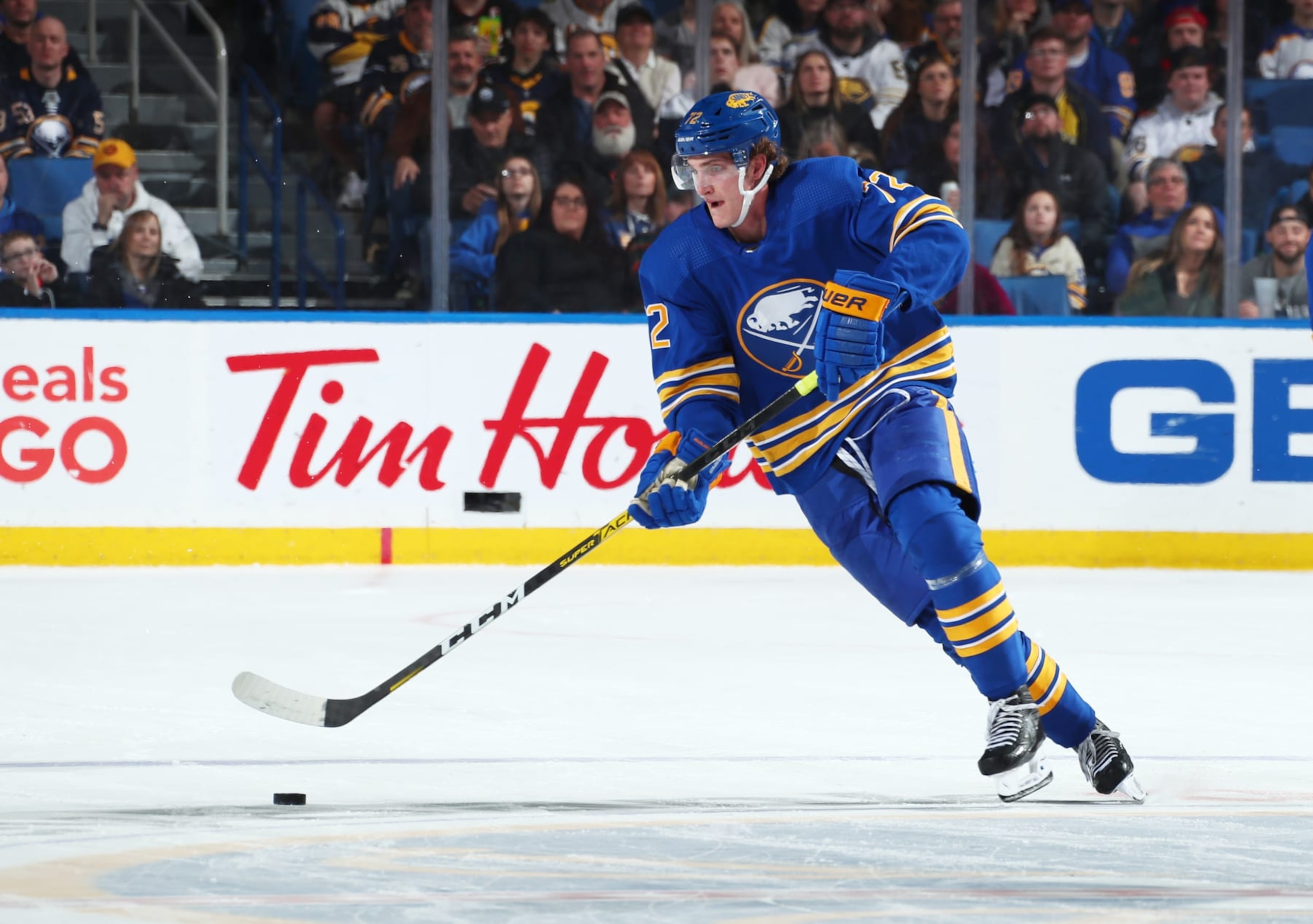 BUFFALO, NY - APRIL 23: Tage Thompson #72 of the Buffalo Sabres skates against the New York Islanders during an NHL game on April 23, 2022 at KeyBank Center in Buffalo, New York. (Photo by Bill Wippert/NHLI via Getty Images)