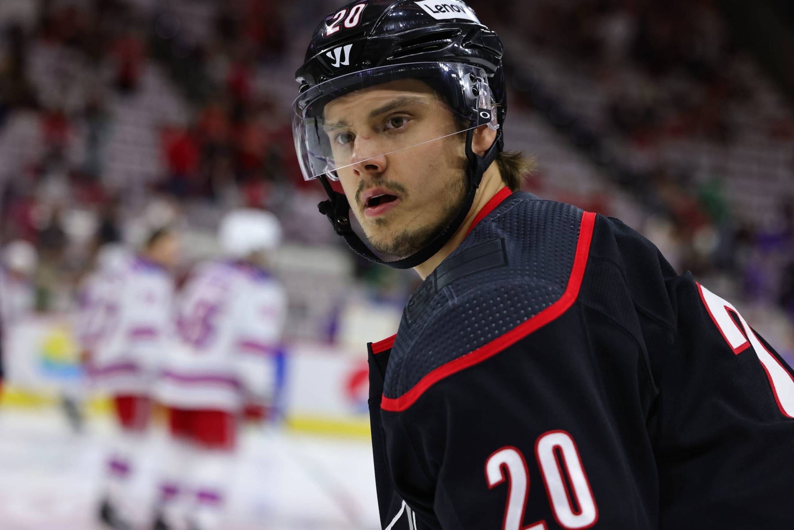 RALEIGH, NC - MAY 30: Sebastian Aho #20 of the Carolina Hurricanes warms up prior to Game Seven of the Second Round of the 2022 Stanley Cup Playoffs against the New York Rangers on May 30, 2022 at PNC Arena in Raleigh, North Carolina (Photo by Gregg Forwerck/NHLI via Getty Images)