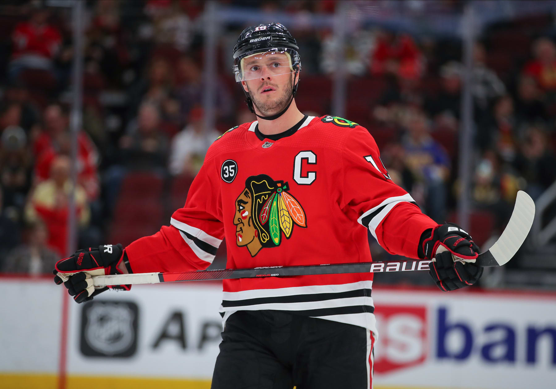 CHICAGO, IL - APRIL 27: Chicago Blackhawks center Jonathan Toews (19) looks on during a game between the Vegas Golden Knights and the Chicago Blackhawks on April 27, 2022 at the United Center in Chicago, IL. (Photo by Melissa Tamez/Icon Sportswire via Getty Images)