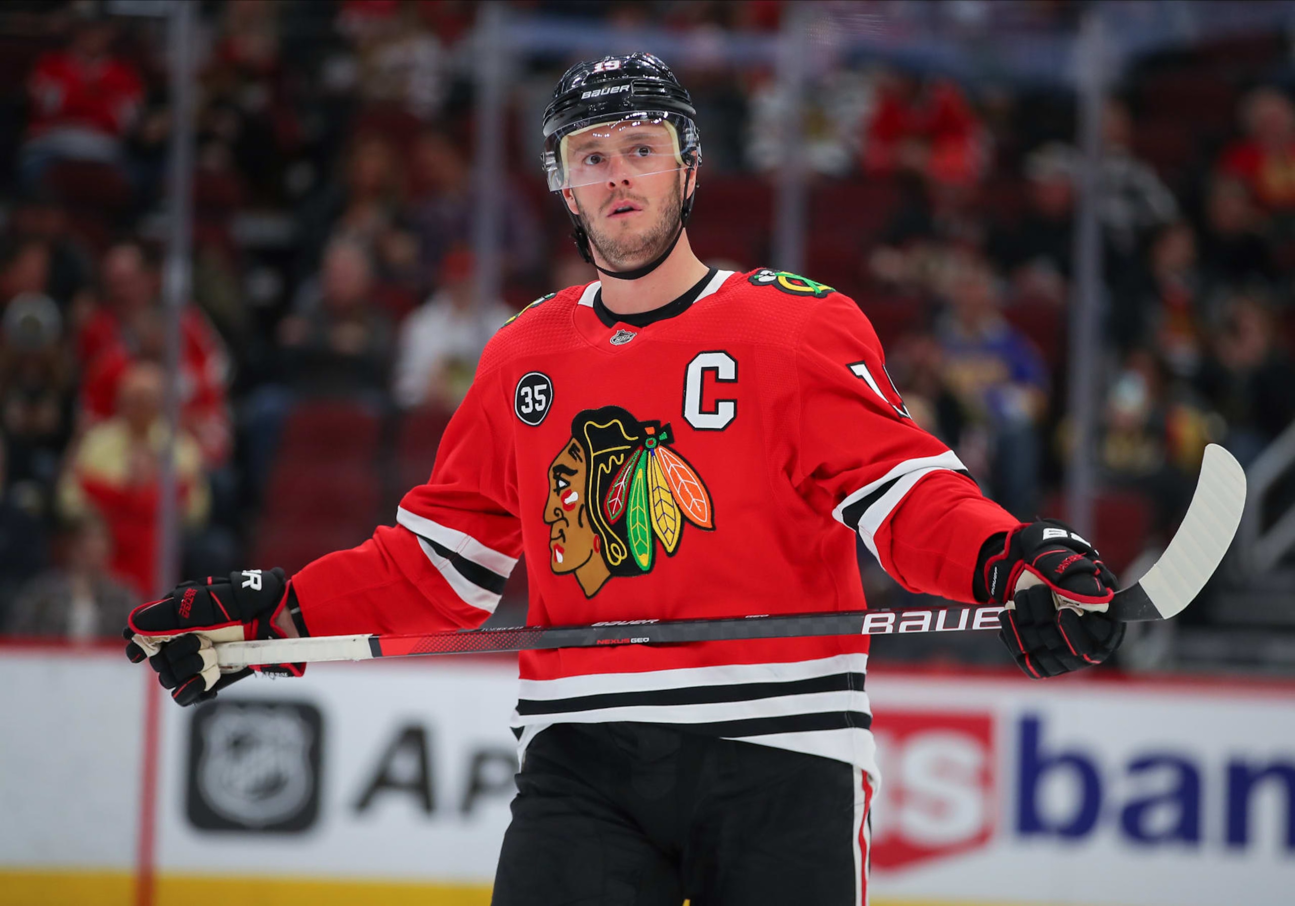 CHICAGO, IL - APRIL 27: Chicago Blackhawks center Jonathan Toews (19) looks on during a game between the Vegas Golden Knights and the Chicago Blackhawks on April 27, 2022 at the United Center in Chicago, IL. (Photo by Melissa Tamez/Icon Sportswire via Getty Images)