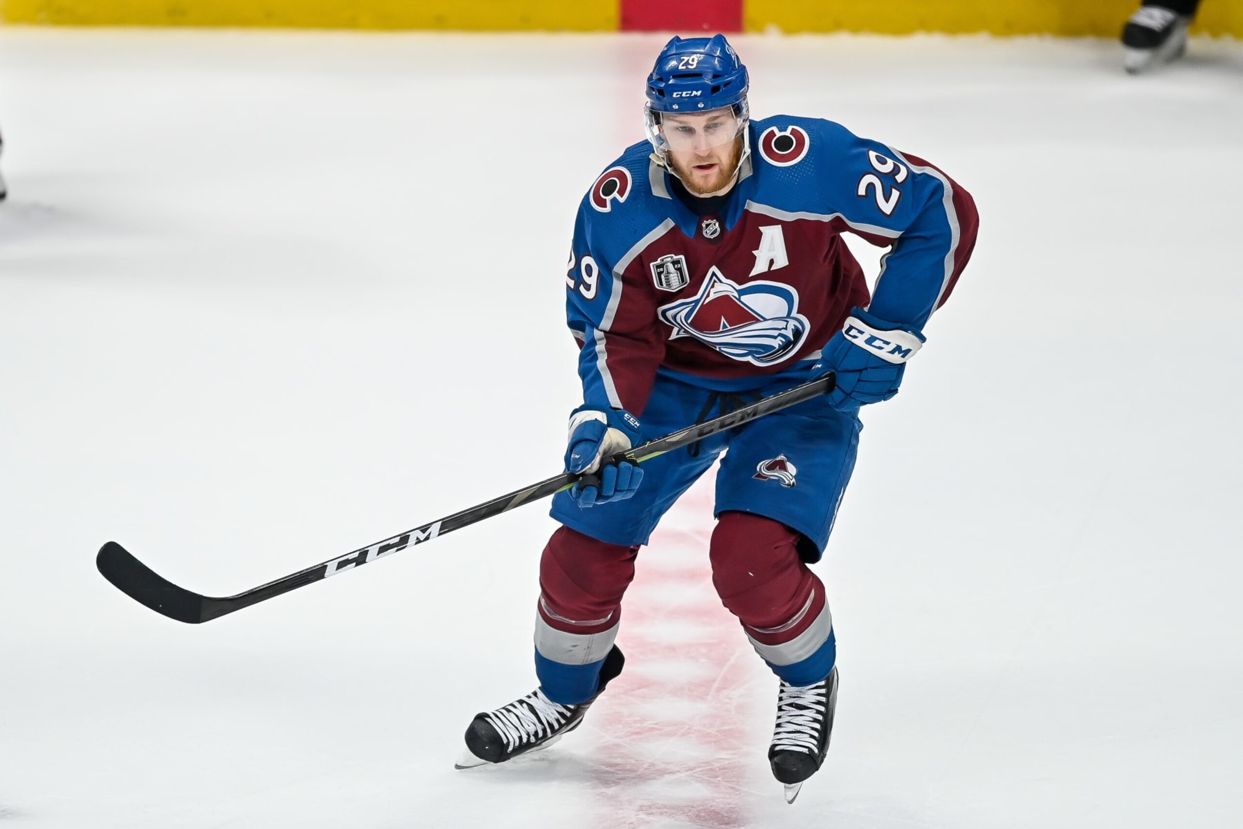 DENVER, CO - JUNE 24: Colorado Avalanche center Nathan MacKinnon (29) skates during the Stanley Cup Finals game 5 between the Tampa Bay Lightning and the Colorado Avalanche at Ball Arena in Denver, Colorado on June 24, 2022. (Photo by Dustin Bradford/Icon Sportswire via Getty Images)