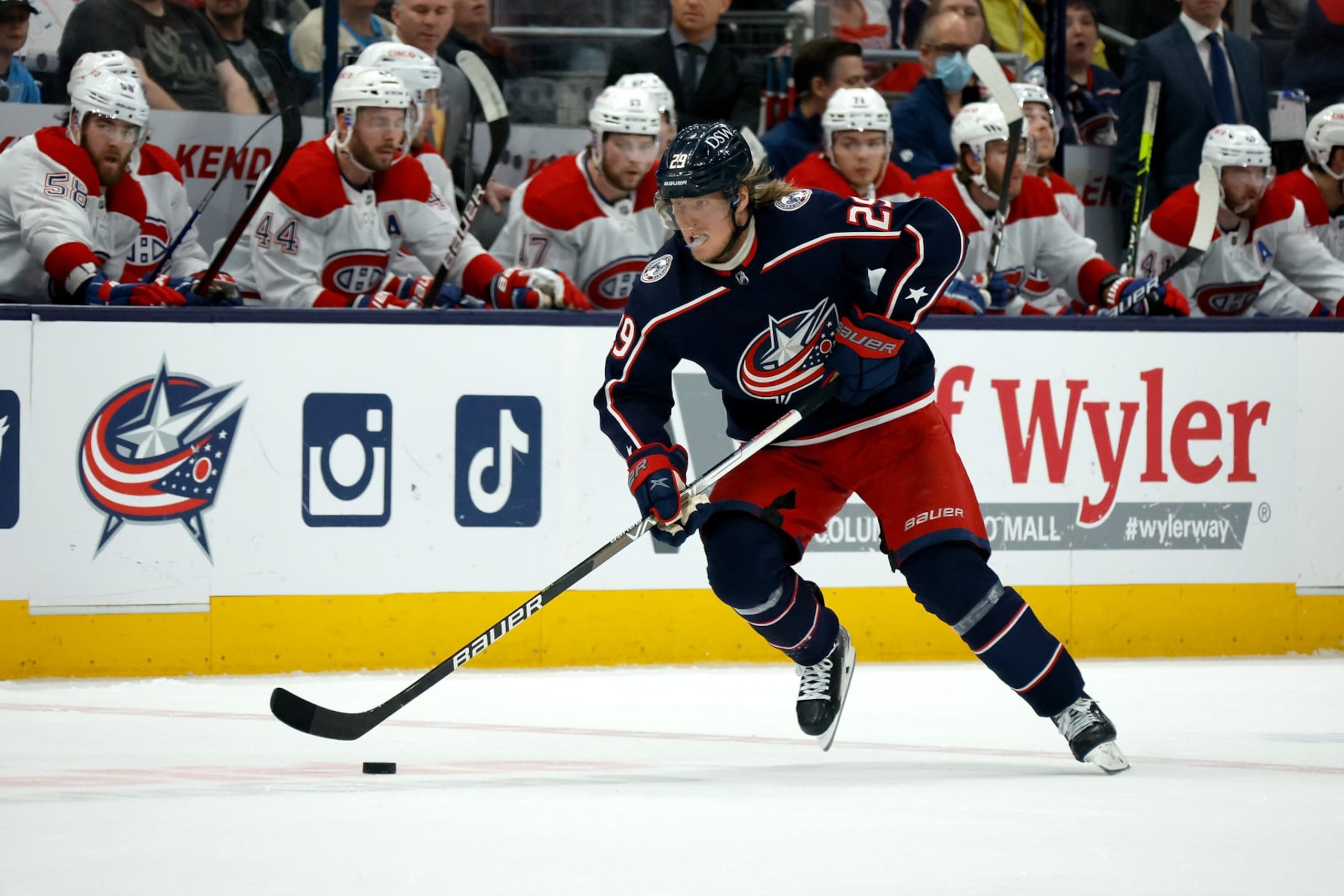 COLUMBUS, OH - APRIL 13:  Patrik Laine #29 of the Columbus Blue Jackets controls the puck during the game against the Montreal Canadiens at Nationwide Arena on April 13, 2022 in Columbus, Ohio. (Photo by Kirk Irwin/Getty Images)