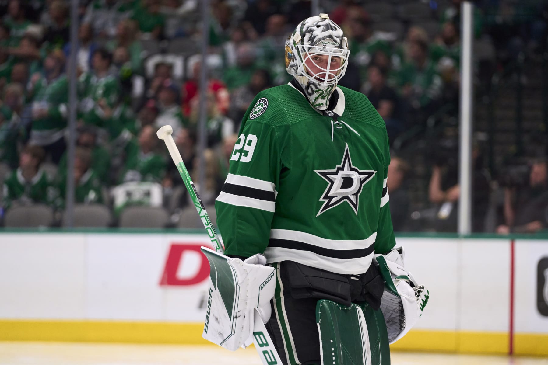 DALLAS, TX - MAY 13:  Jake Oettinger #29 of the Dallas Stars looks on against the Calgary Flames during the second period in Game Six of the First Round of the 2022 Stanley Cup Playoffs at American Airlines Center on May 13, 2022 in Dallas, Texas.  (Photo by Cooper Neill/Getty Images)