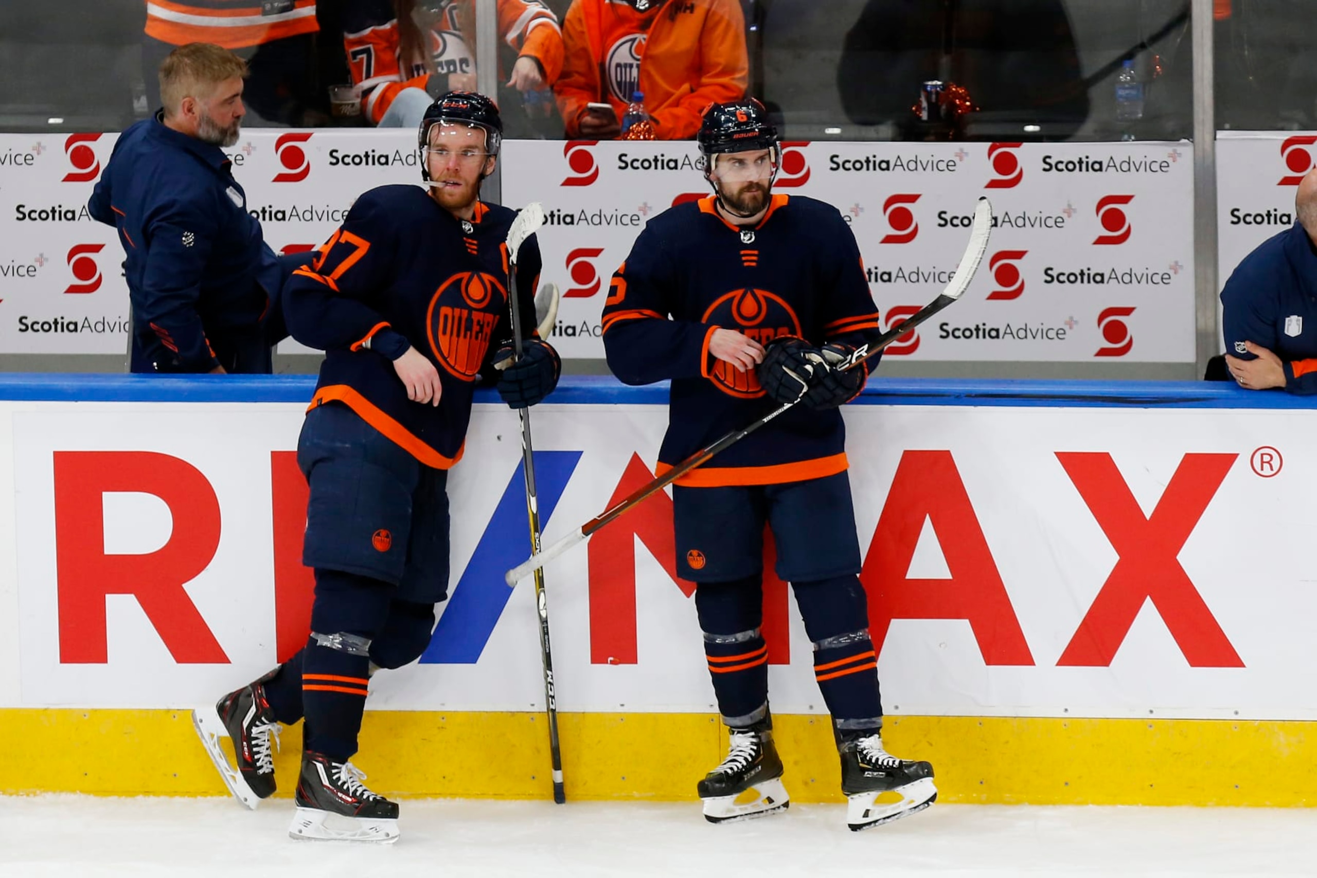 EDMONTON, ALBERTA - JUNE 06: Connor McDavid #97 of the Edmonton Oilers looks on with teammates after being defeated by the Colorado Avalanche 6-5 in overtime in Game Four of the Western Conference Final of the 2022 Stanley Cup Playoffs at Rogers Place on June 06, 2022 in Edmonton, Alberta. (Photo by Codie McLachlan/Getty Images)