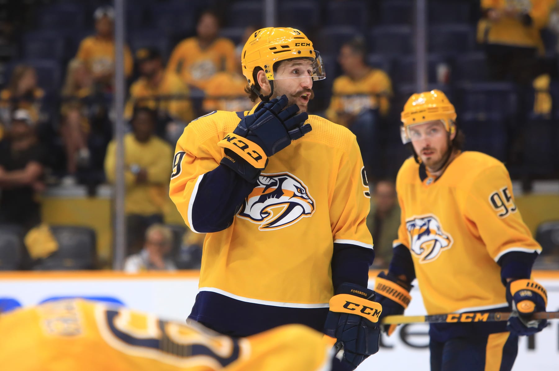 NASHVILLE, TN - MAY 09: Nashville Predators left wing Filip Forsberg (9), of Sweden, is shown during Game 4 of the first round of the Stanley Cup Playoffs between the Nashville Predators and Colorado Avalanche, held on May 9, 2022, at Bridgestone Arena in Nashville, Tennessee. (Photo by Danny Murphy/Icon Sportswire via Getty Images)